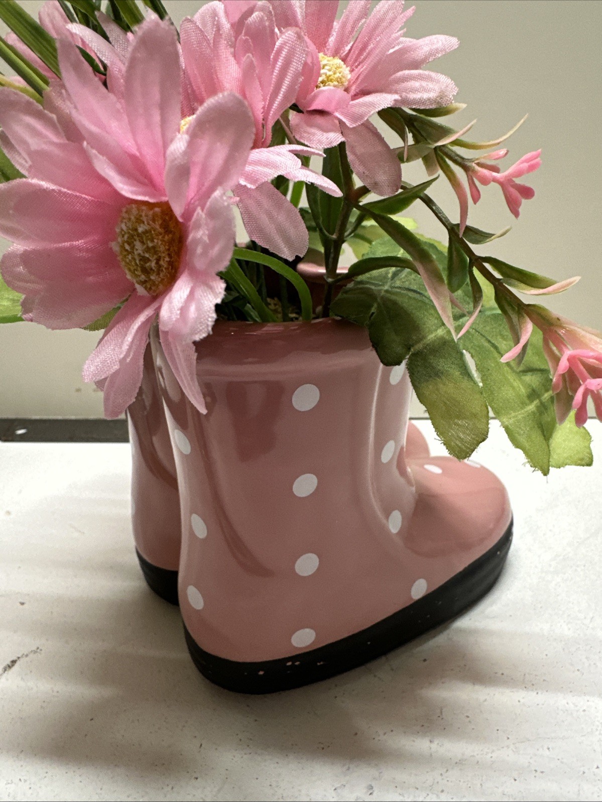 Ceramic Rain Boots In Pink Polk A Dot With Spring Flowers Decor For Springtime