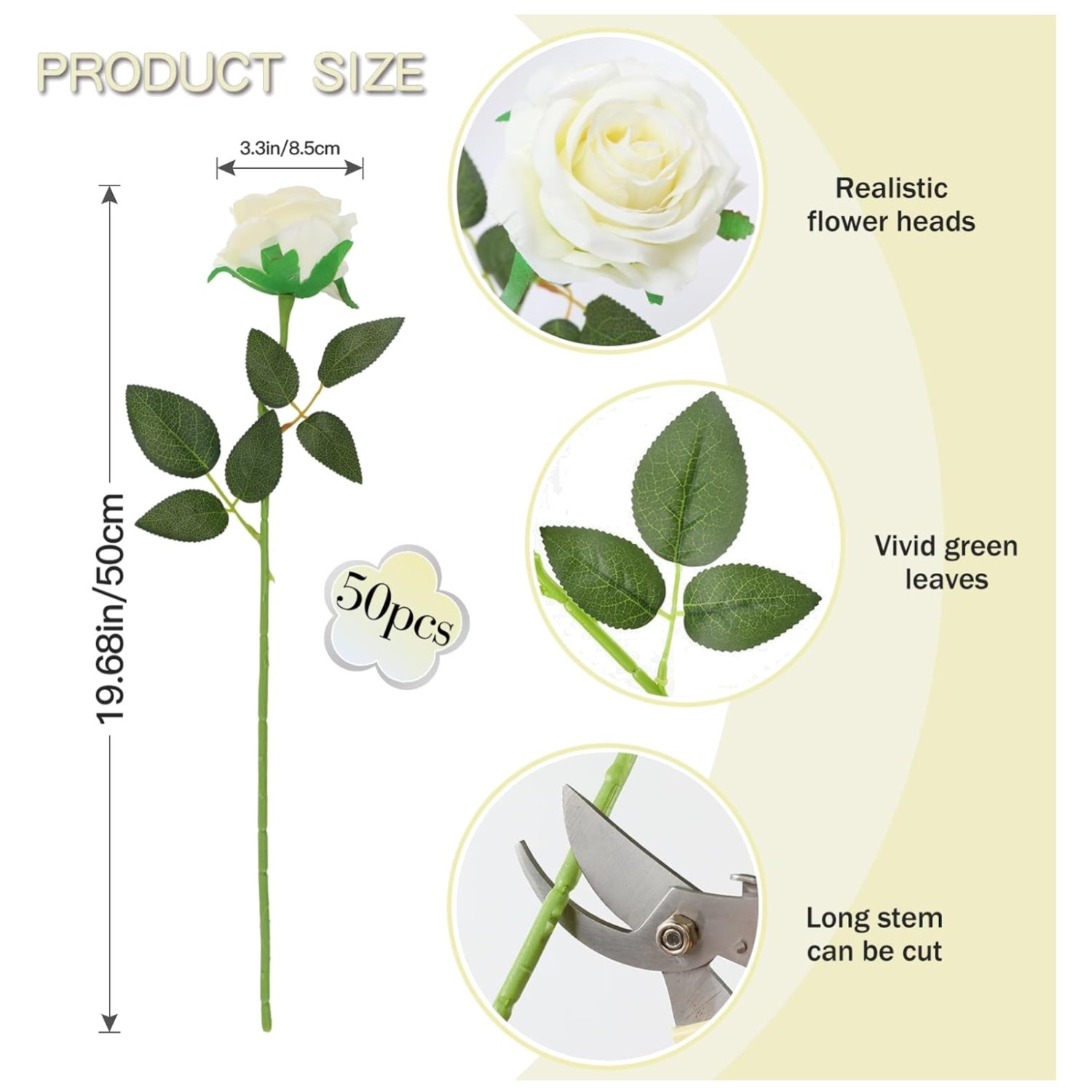 50PCS Artificial Silk White Roses – Long Stem Bulk Flowers