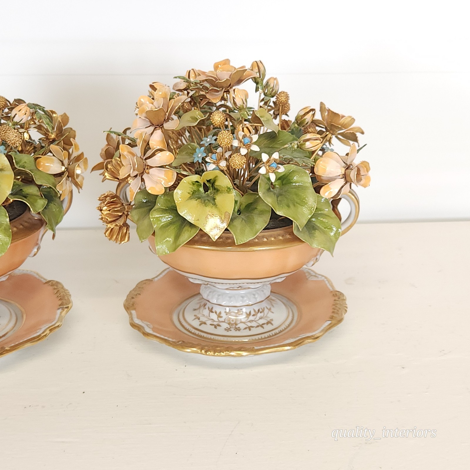 Pair Jane Hutcheson for Gorham Apricot Teacup & Saucer Floral Arrangement