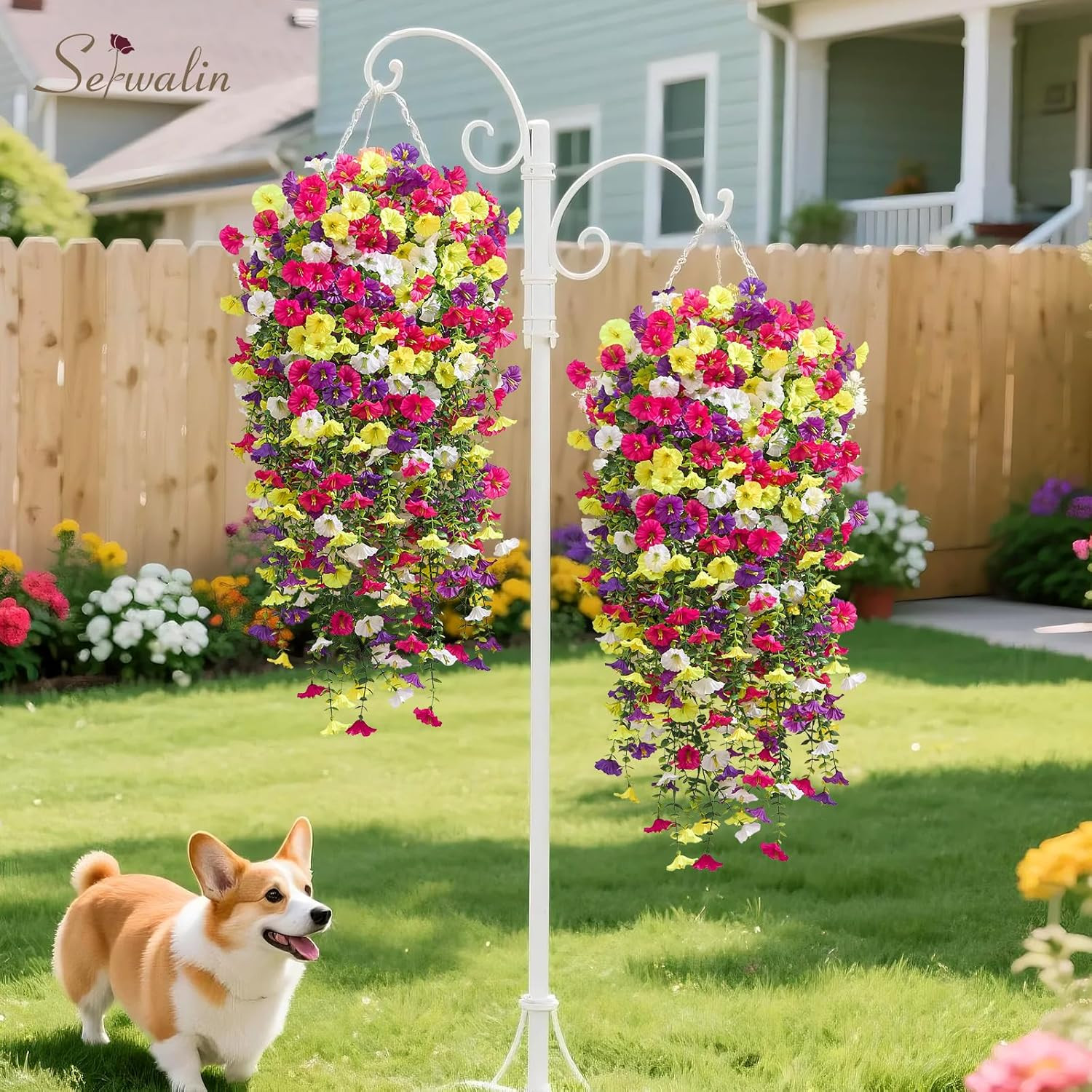Artificial Hanging Flowers for Outdoors UV Resistant, 4PCS Faux Morning Glory Fa