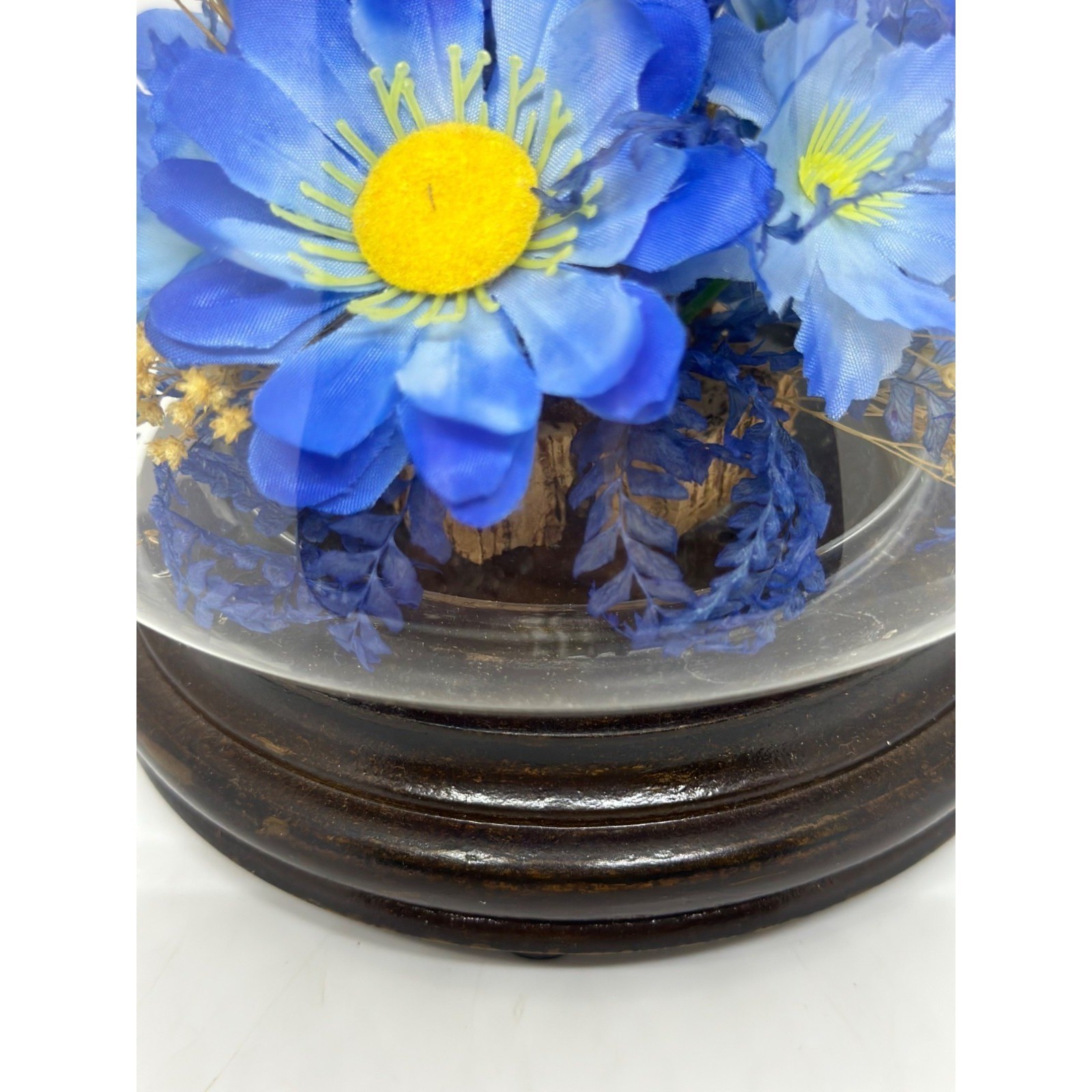 VTG Floral Arrangement Under Glass Cloche Dome Blue Faux Flowers Wood Base Decor