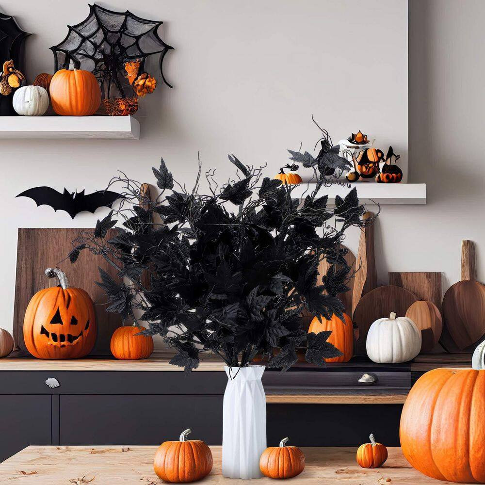 12 Pcs 19.7 In. Black Artificial Maple Leaf Branch Stem Halloween Gothic Floral