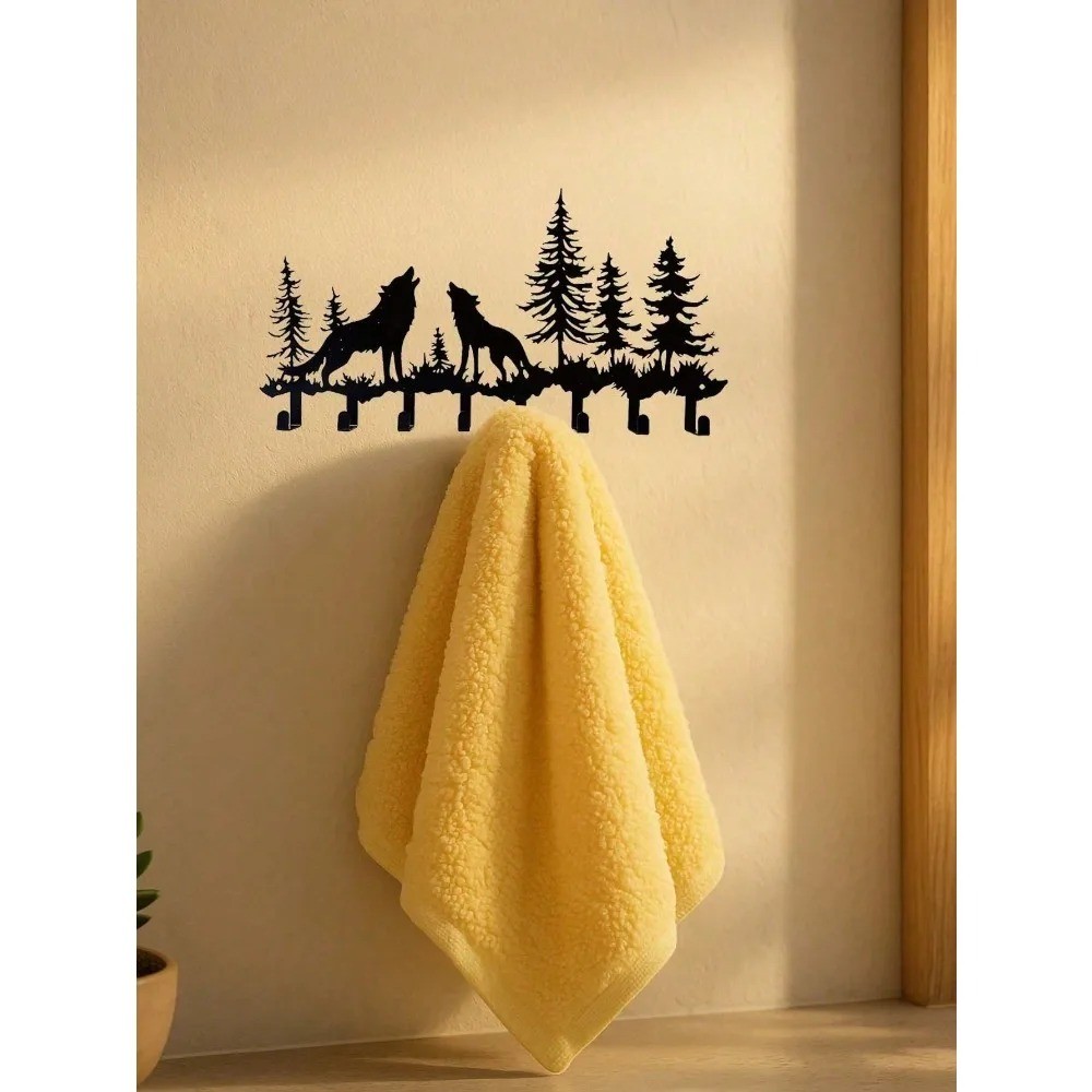 Wolf-Themed 8-Hook Wooden Key Holder – Wall Mounted Entryway Coat Rack Organizer