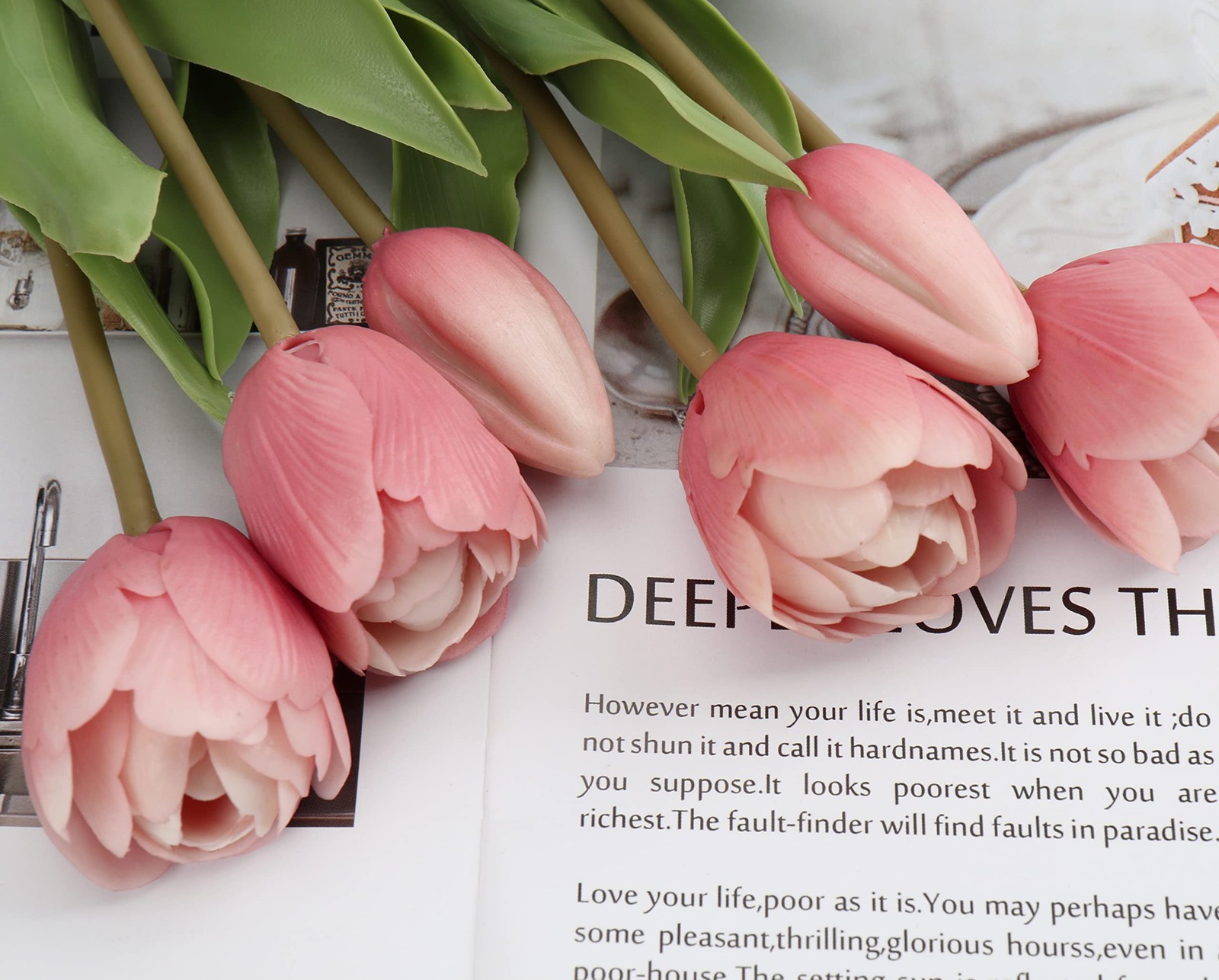 6 PCS Artificial Tulips Flowers Pink Real Touch Fake Latex 14″ Bouquet