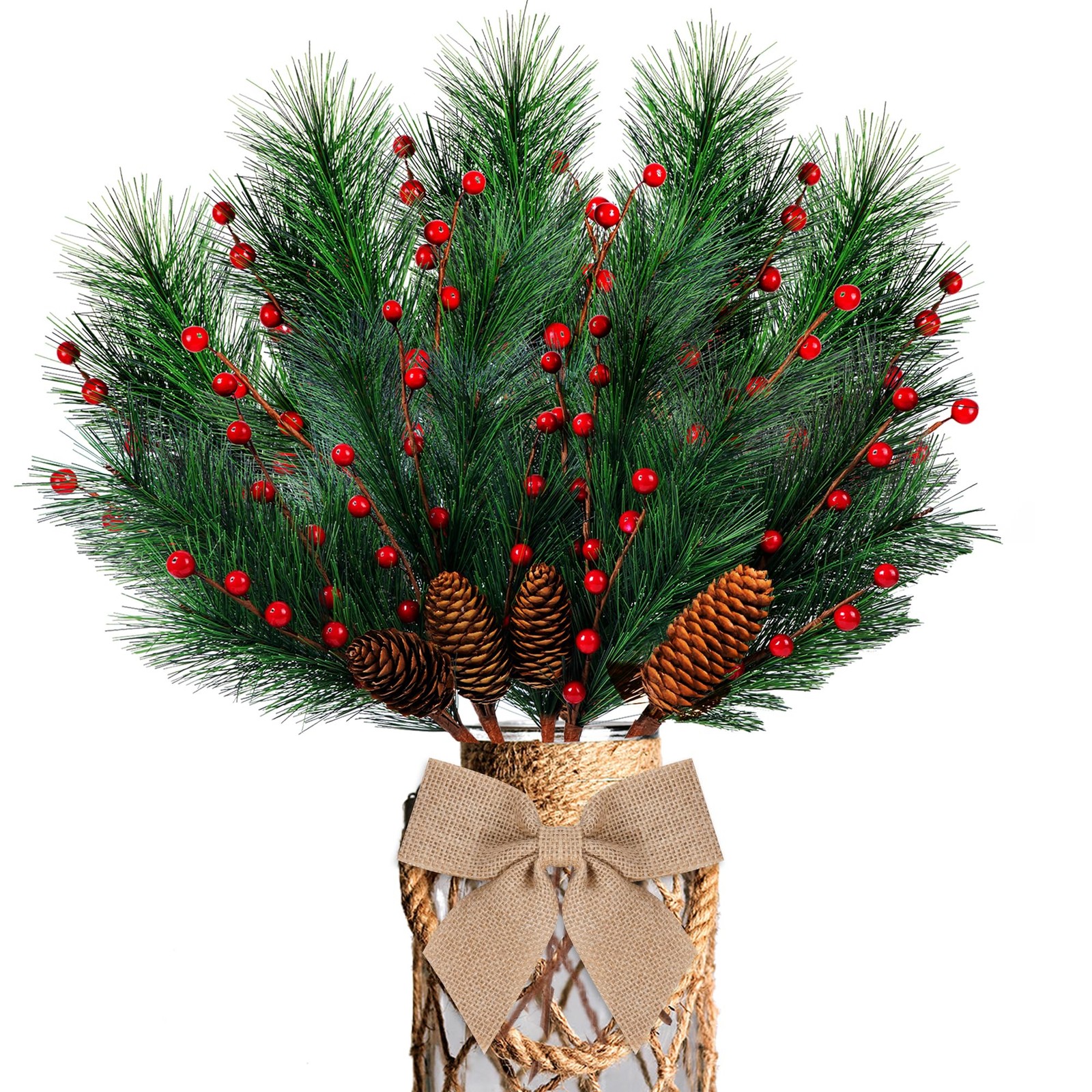 5 Pcs Artificial Christmas Berries Pine Picks Berry Pine Branches with Bow fo…