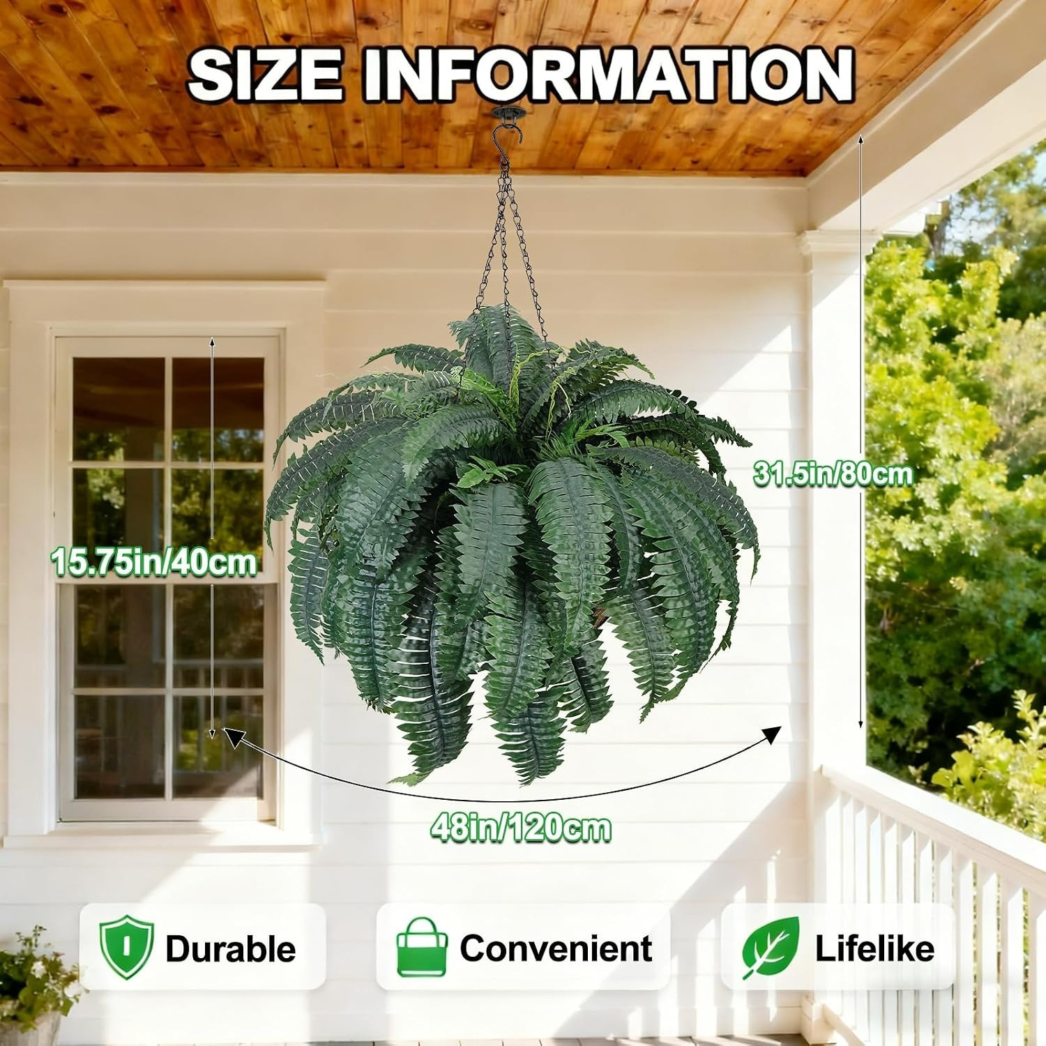 72 Frond Faux Ferns 48in in Waterproof Hanging Baskets – 2 Pack for All Seasons