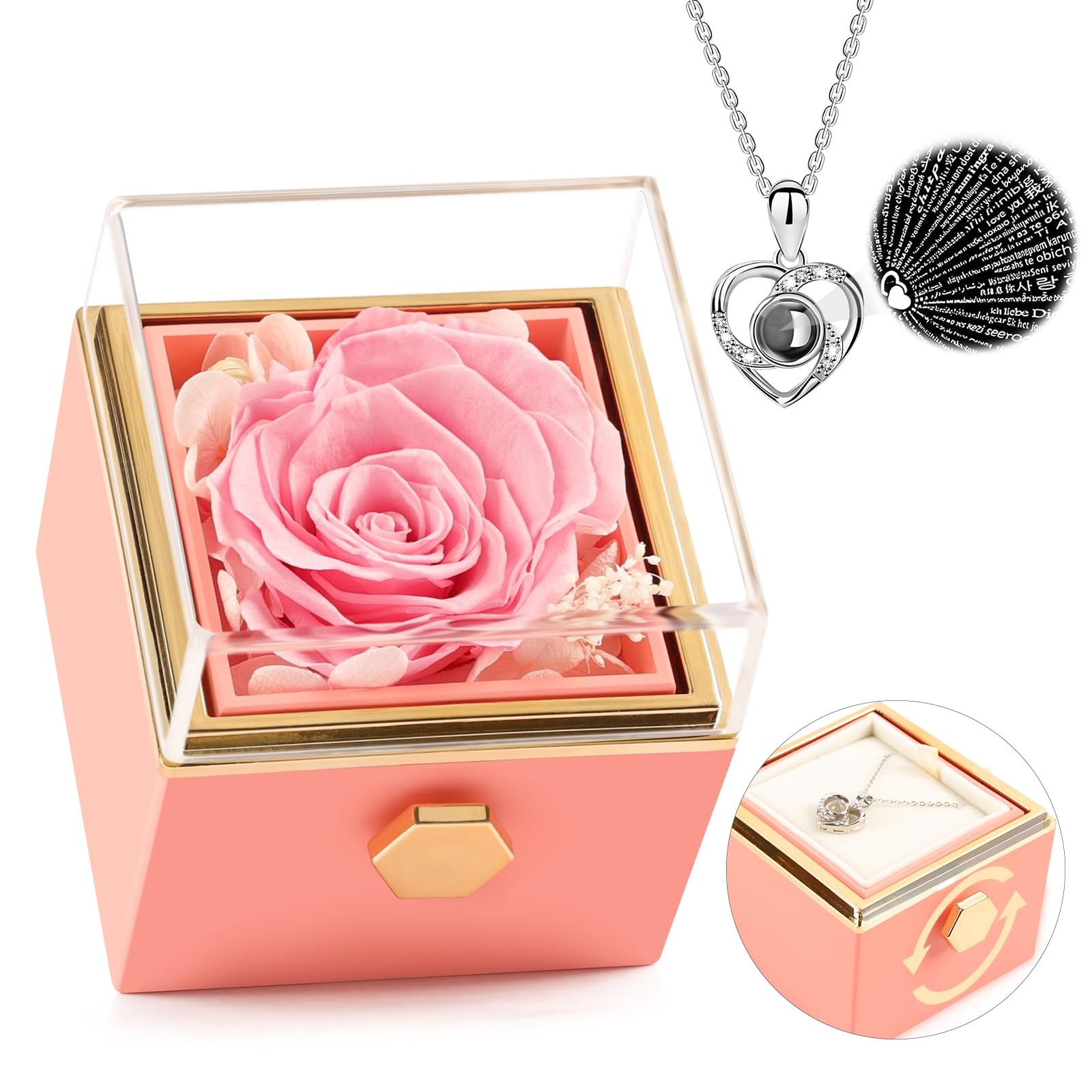 Preserved Real Pink Forever Rose Rotating Box with I Love You Necklace 100 La…