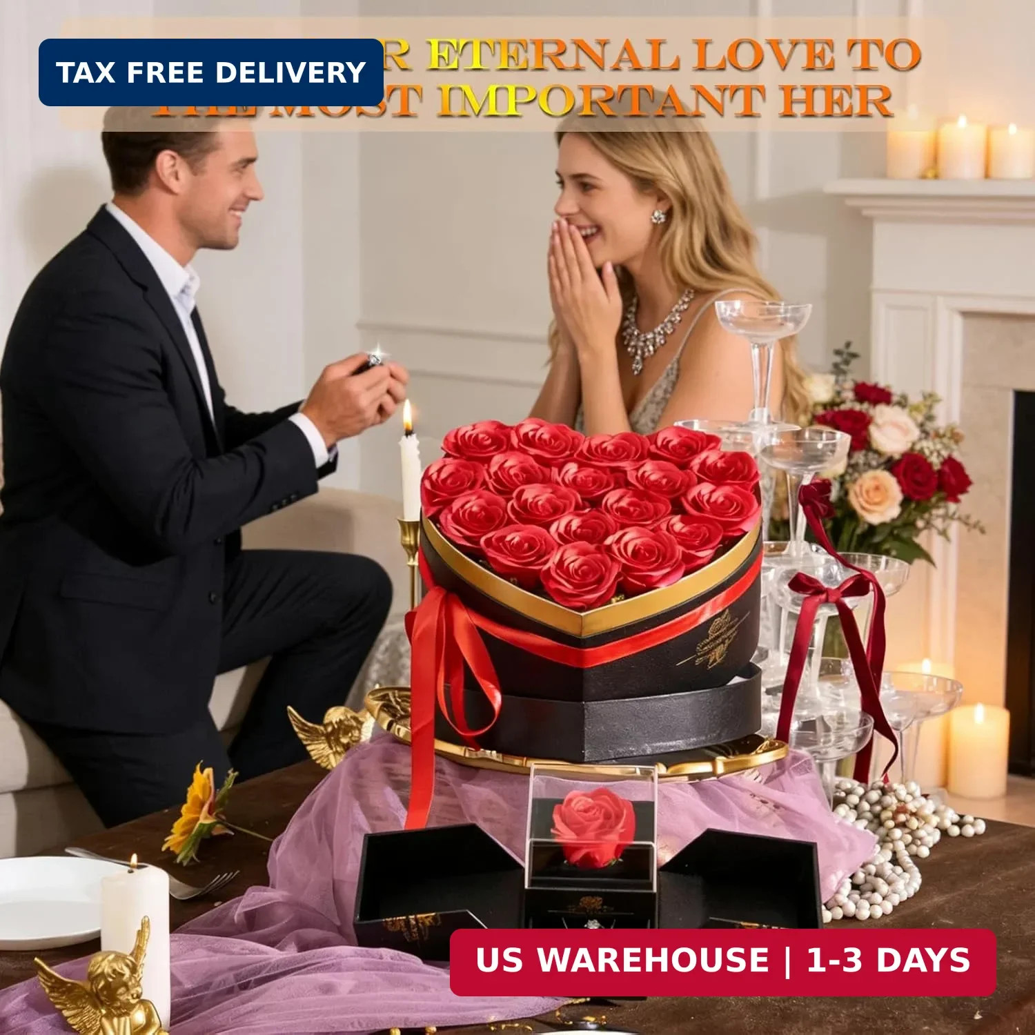 Artificial Forever Preserved Flowers Box & Preserved Roses with Necklace Ring Ea