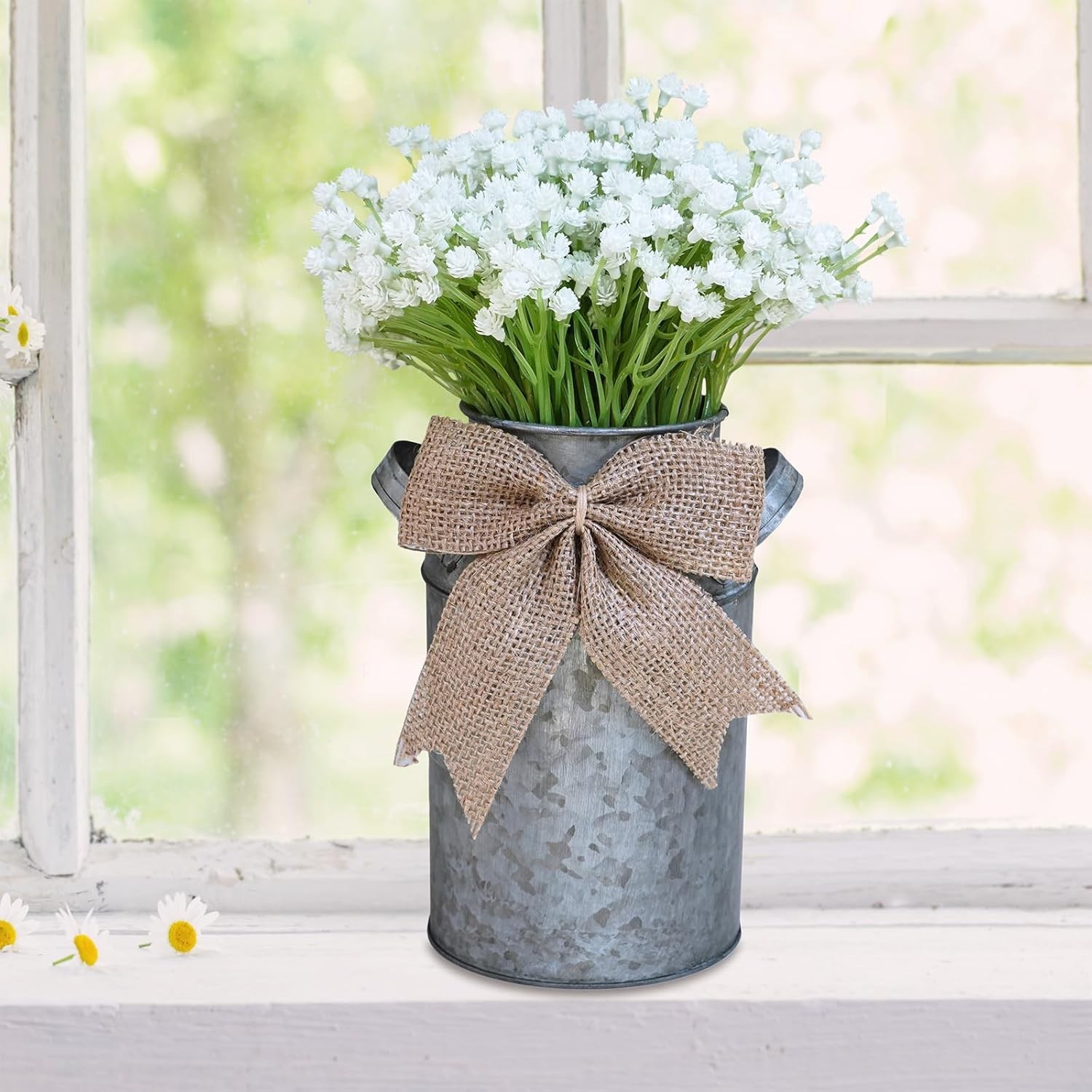 Winlyn Artificial Baby’s Breath Centerpiece with Rustic Galvanized Metal Can 11″