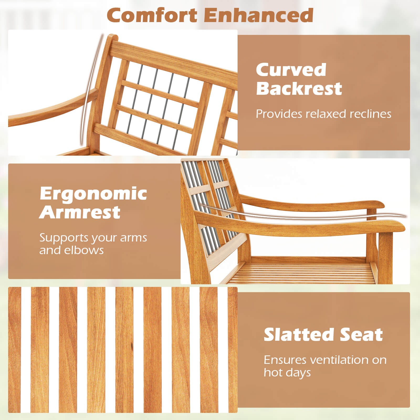 2-Person Patio Bench Outdoor Acacia Wood Bench w/ Slatted Seat & Backrest
