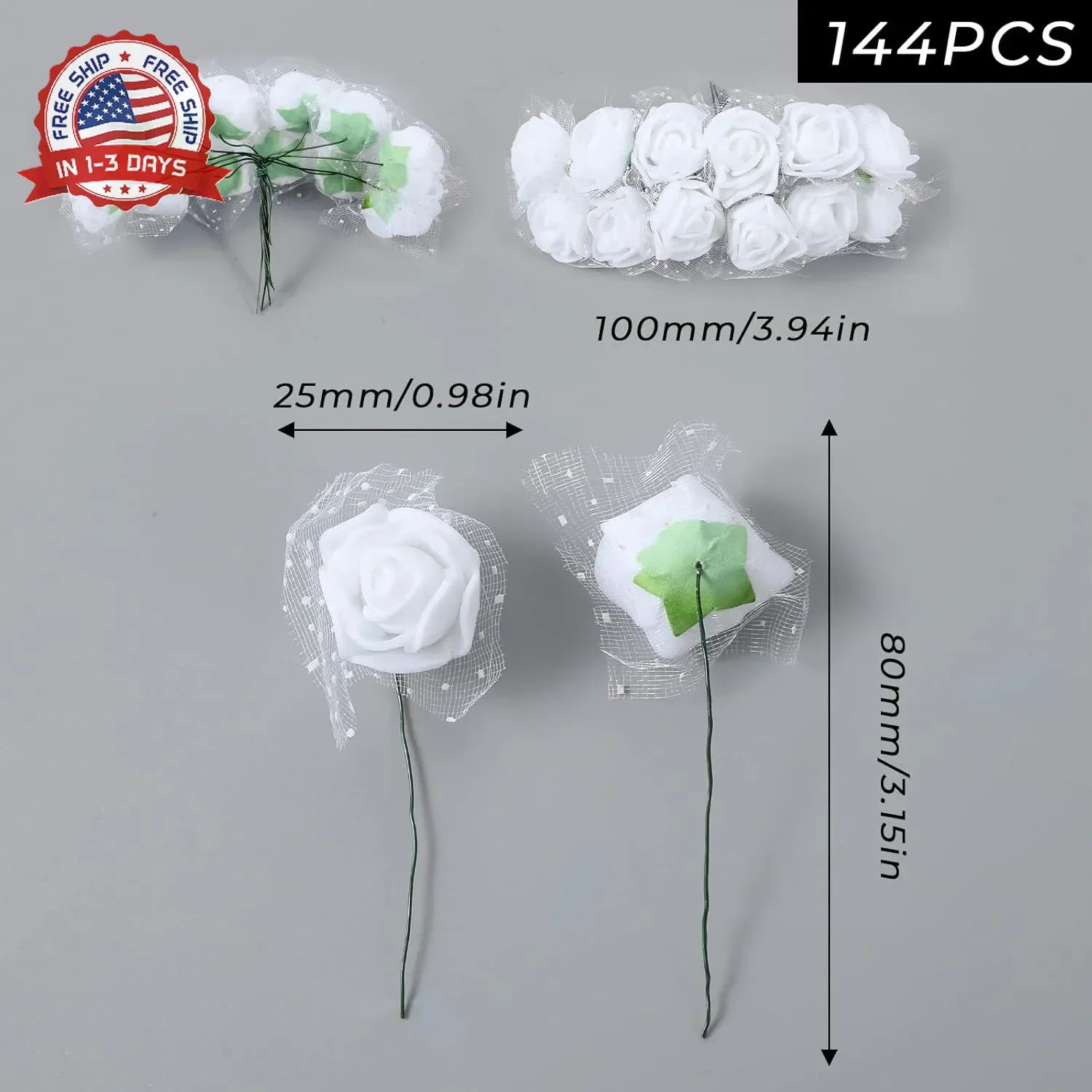Yolev 144Pcs Mini Artificial Rose Flower Heads and Soft Stem Small White Flowers