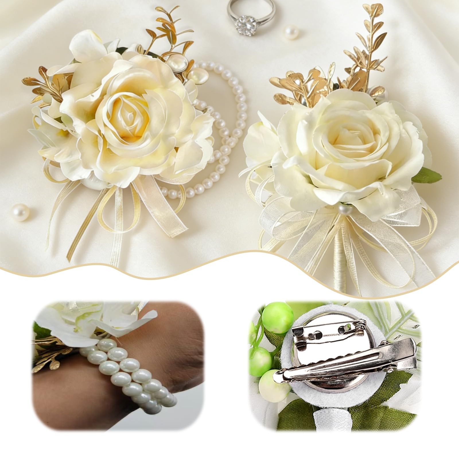 Champagne Wedding Corsage and Boutonniere Set – Silk Flower Wrist Corsage Bra…