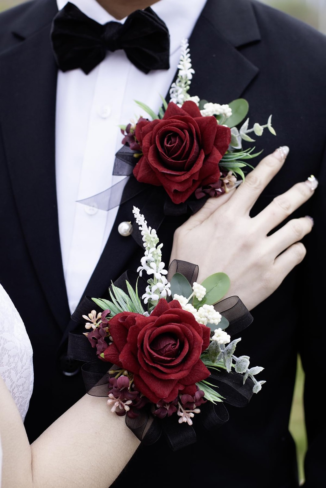 2 PCS Burgundy Black Rose Wrist Corsage Boutonniere Set Wedding Prom Flowers