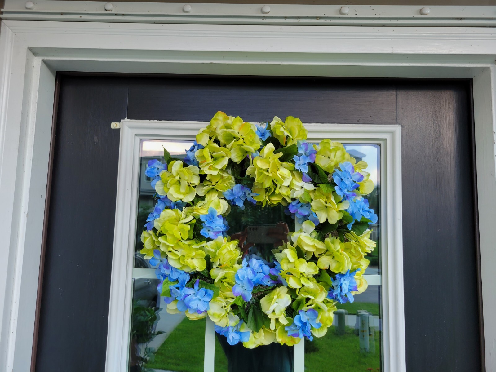 FLORAL one of a kind WREATH flowers Decor Front Door 16″ blue green Hydrangeas