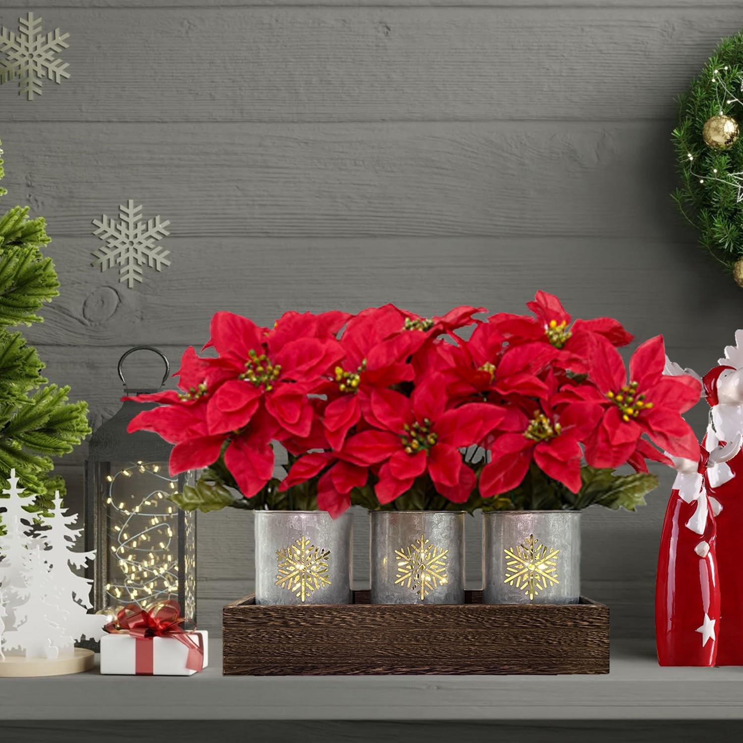 Poinsettias Artificial Christmas Flowers with LED Lights, Red Xmas Table Cent…