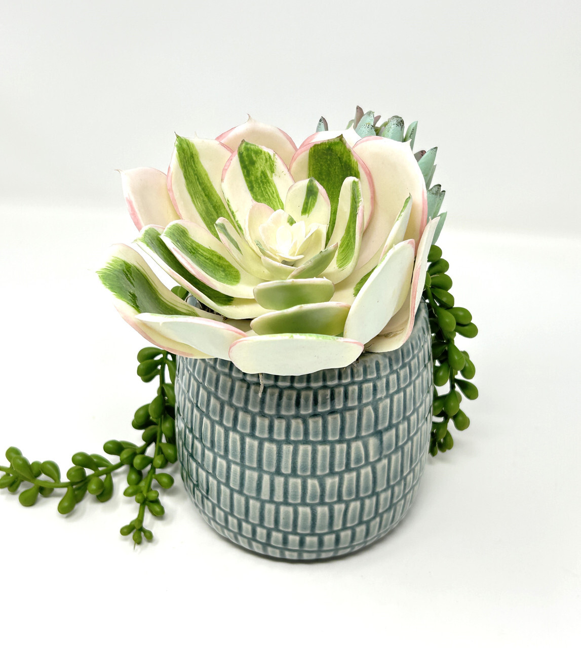 7″ Artificial White Succulent Garden #9 mixed arrangement, 4″ Teal-cream planter