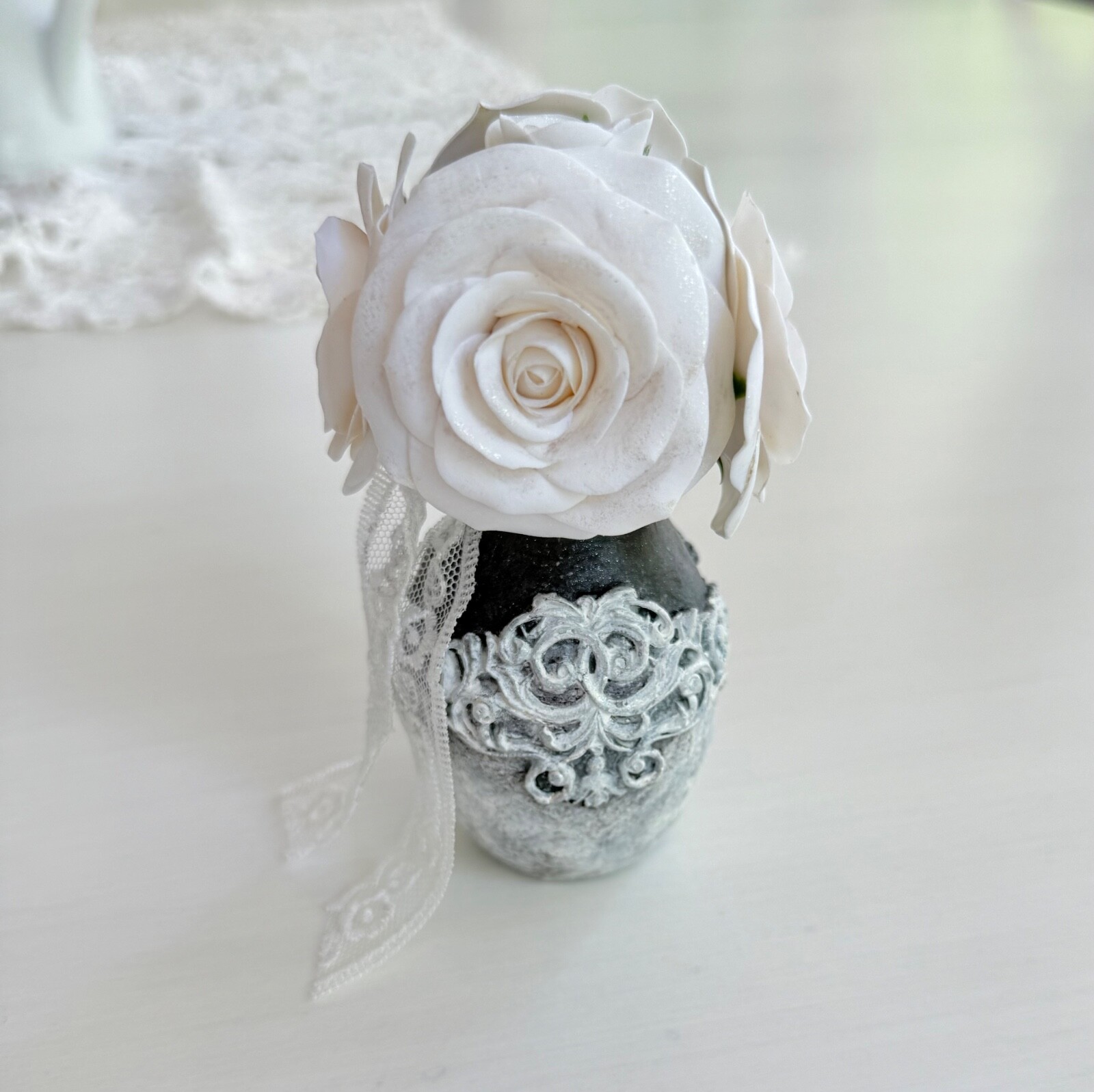 Roses/ Handmade Polymer Clay/ Small Flower Arrangement with Vase