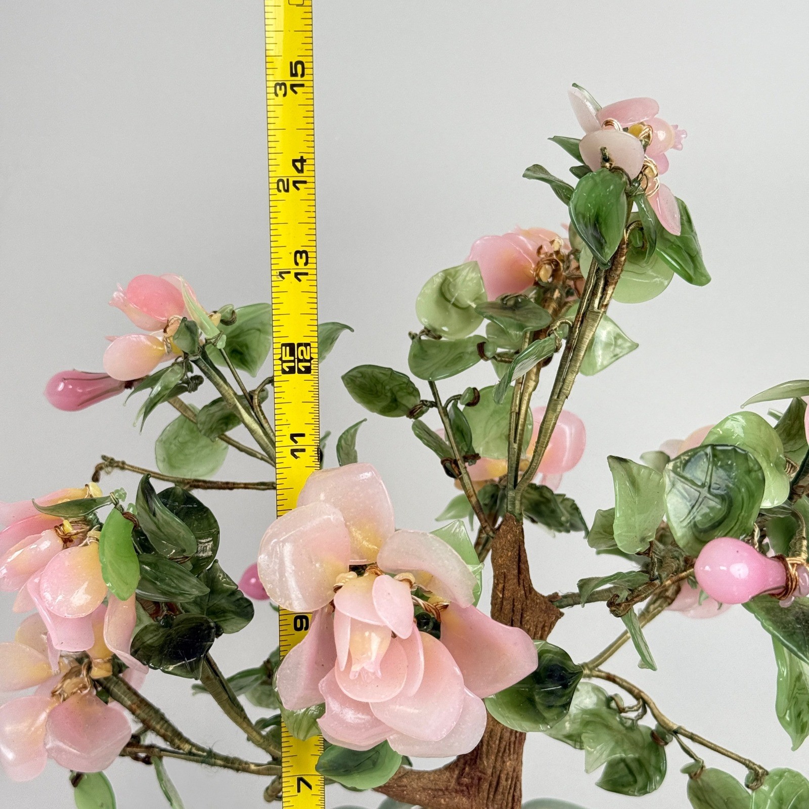 Pink Jade Gemstone Bonsai Tree Flower Arrangement Tabletop Decor 15″