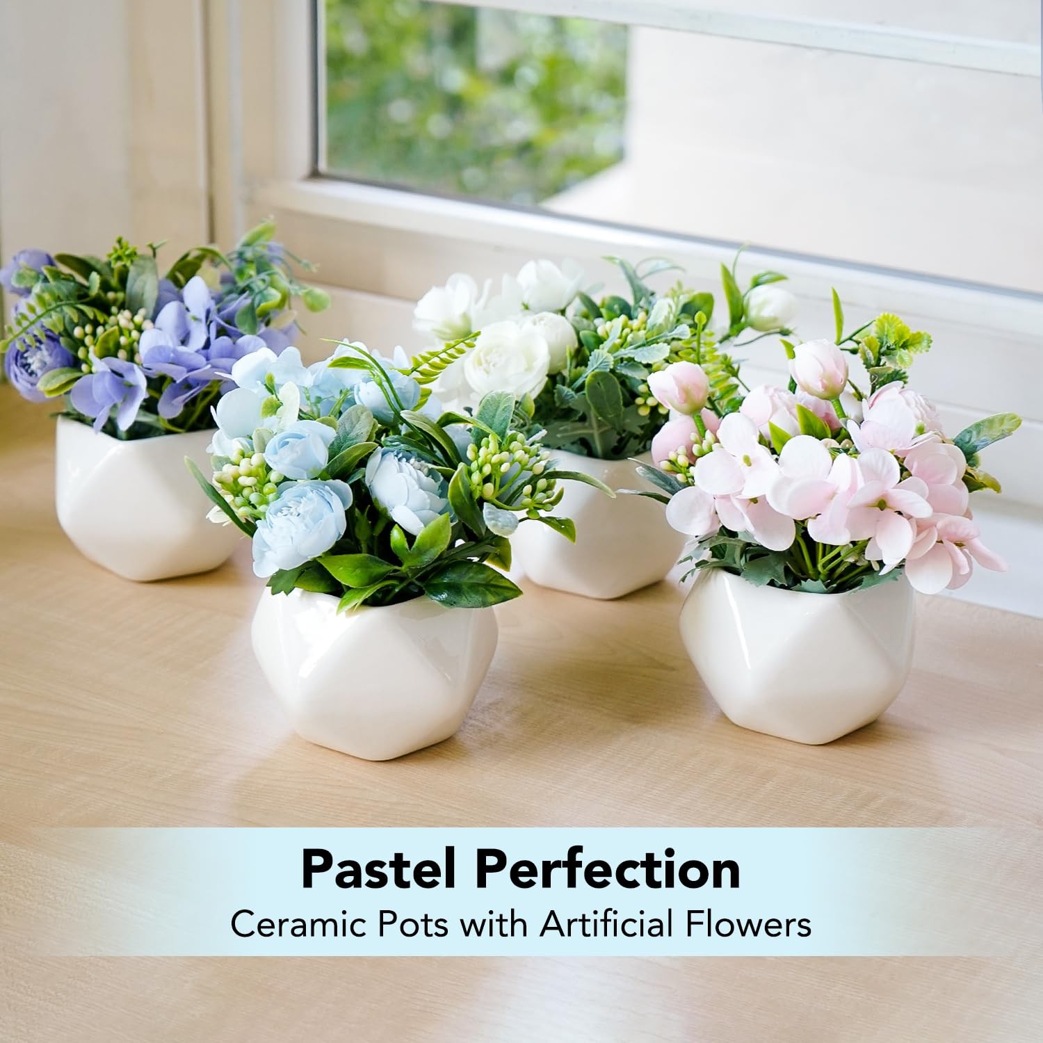 Small Flower Pot White Rose Ceramic Flower Vase with Artificial Flowers Plant