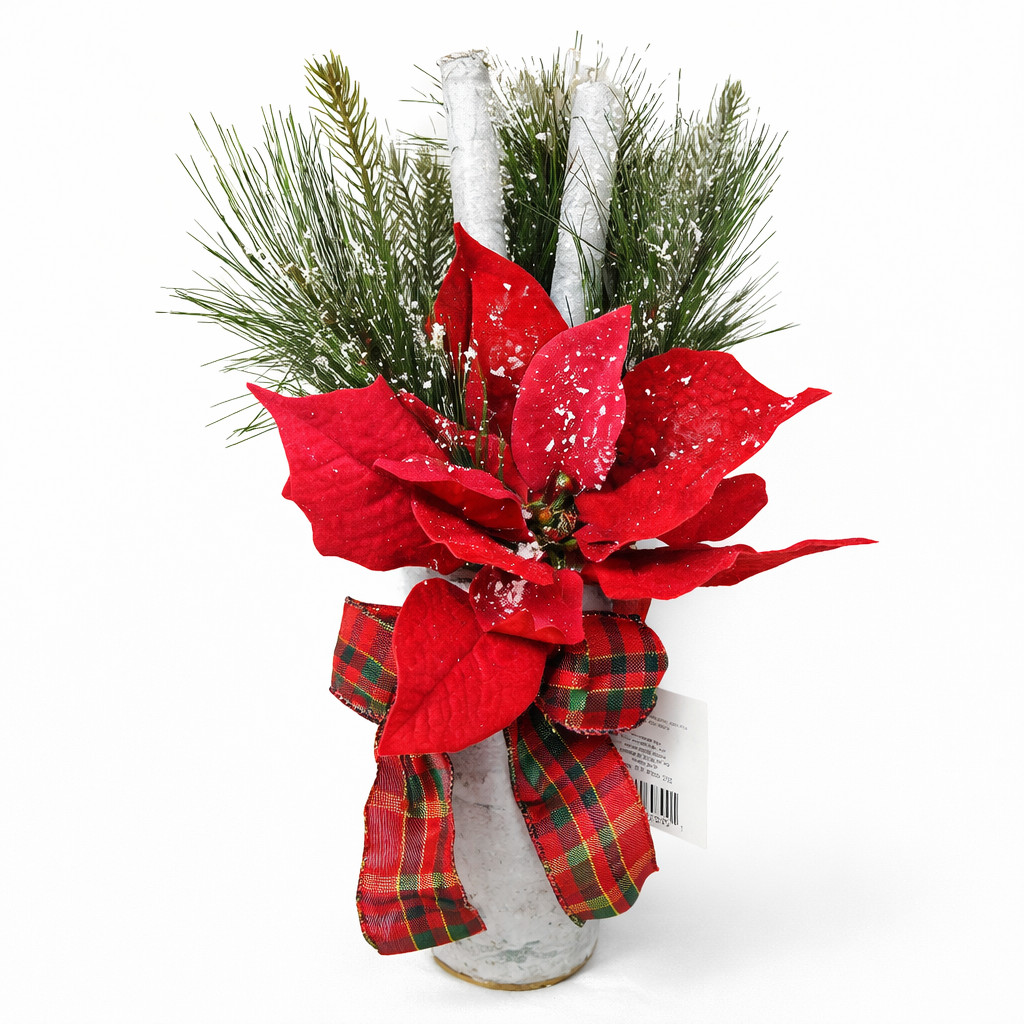 Red Plaid Holiday Christmas Flower Floral Bouquet Arrangement Poinsettia Birch