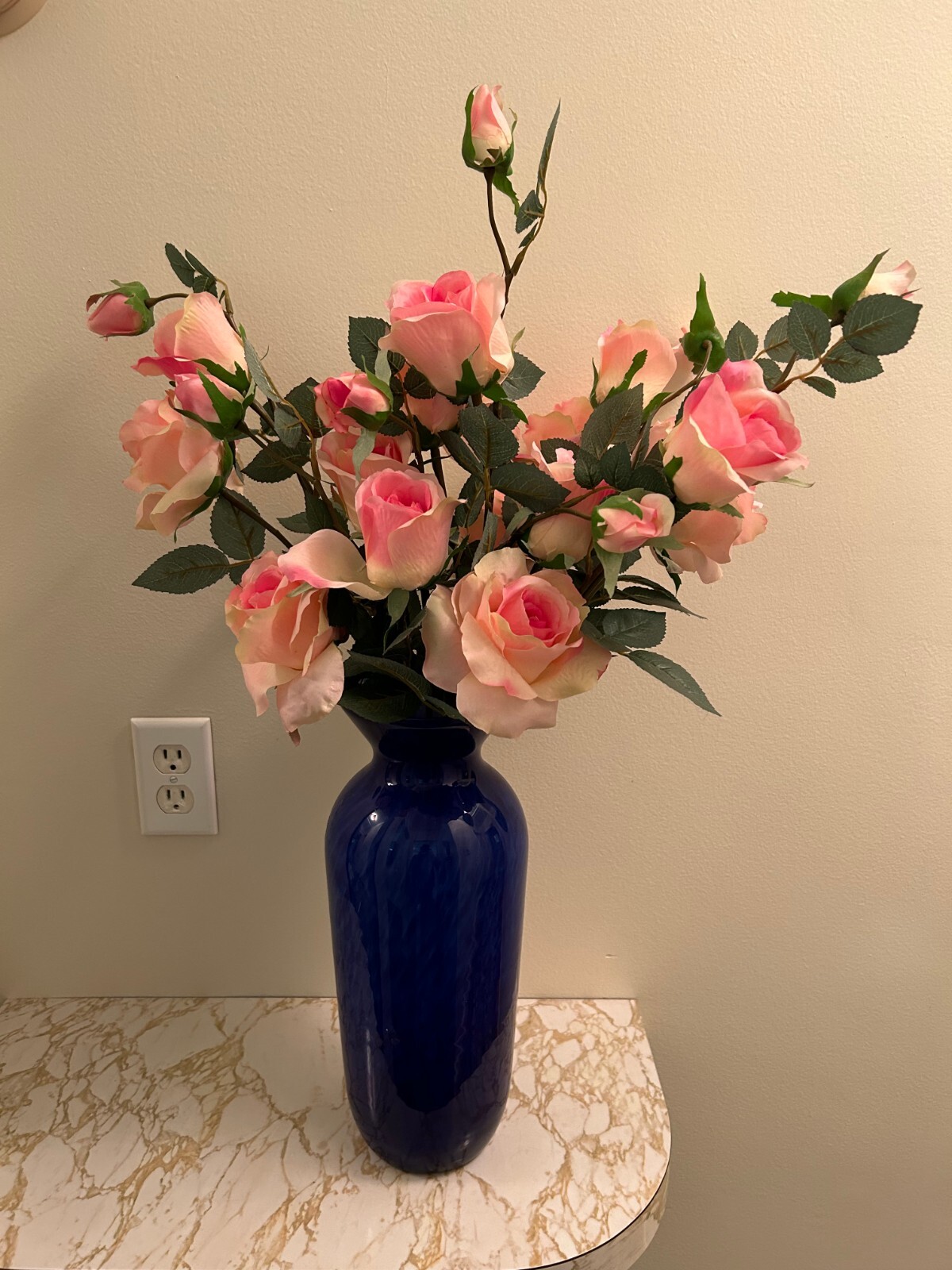 Artificial Silk Flowers & Cobalt Glass Vase Arrangement 30″ Tall x 20-1/2″ Wide