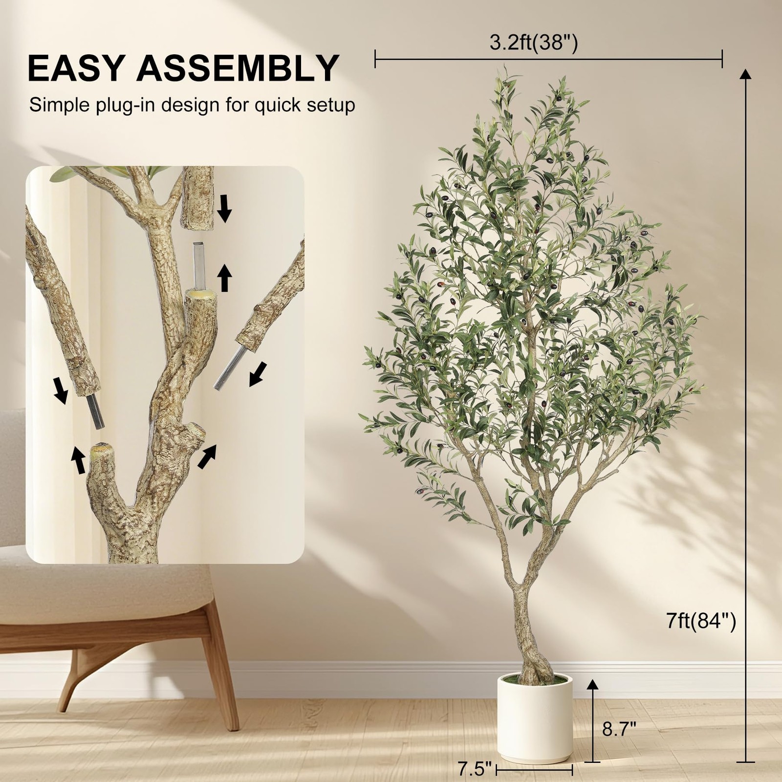 Faux Olive Tree 7ft – Olive Trees Artificial Indoor with Sturdy White Planter…