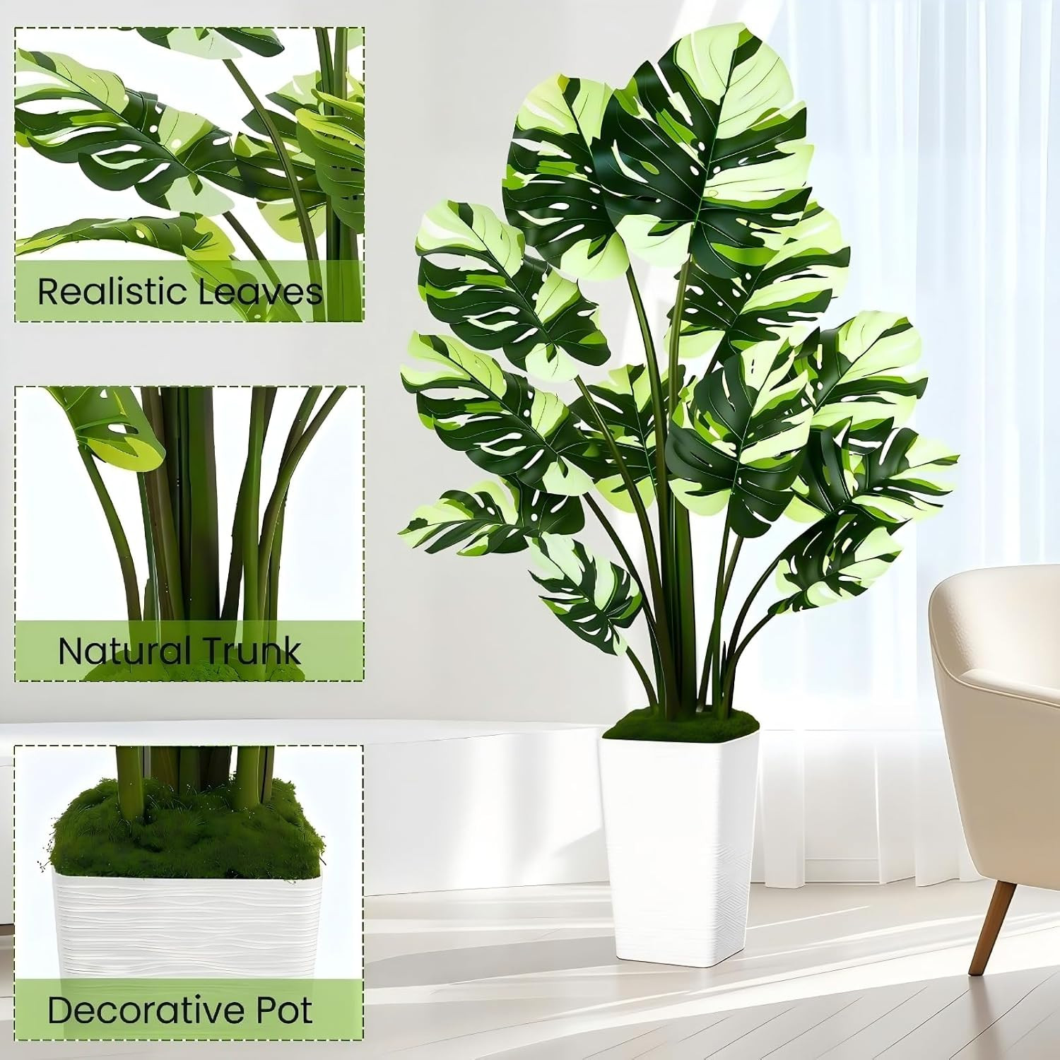 Artificial Monstera Plant, 5FT Tall Fake Tree with Real Touch Big Leaves & White