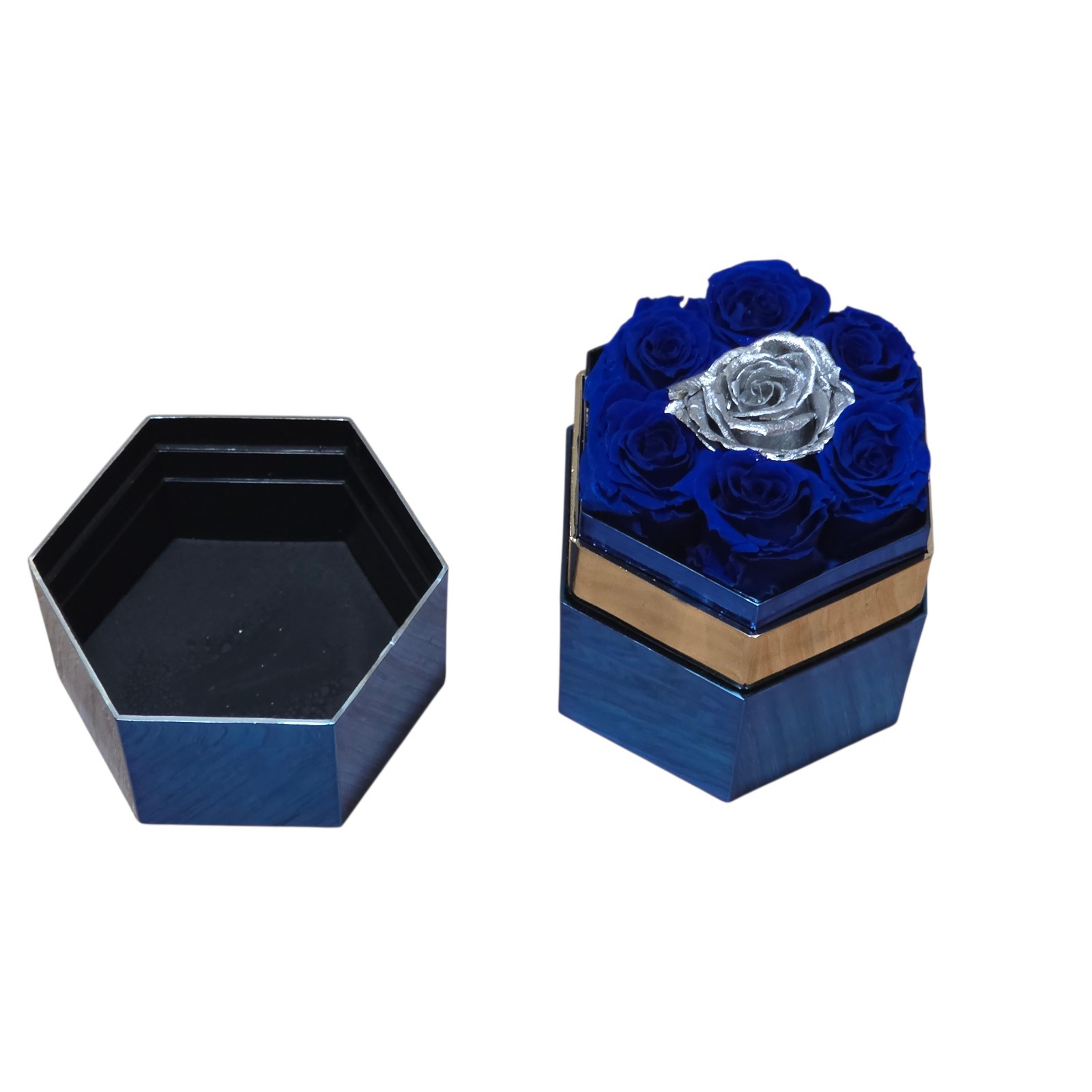 One in a Million Mirror Blue Hexagon Box Dark Blue & Silver Roses 3″ x 4″
