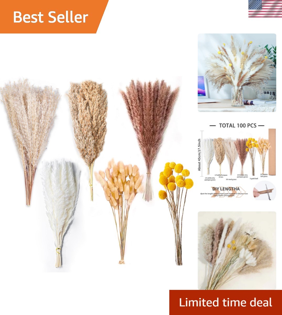 100PCS Natural Dried Pampas Grass Decor – 17.5″ Fluffy Pampas Grass Bouquet -…
