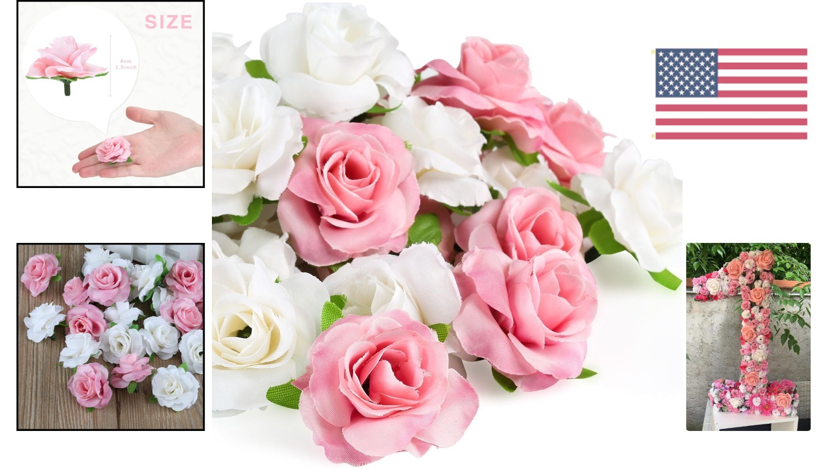 Lifelike 50pcs Silk Roses – Mini Pink & White Flower Heads for Events & Crafts
