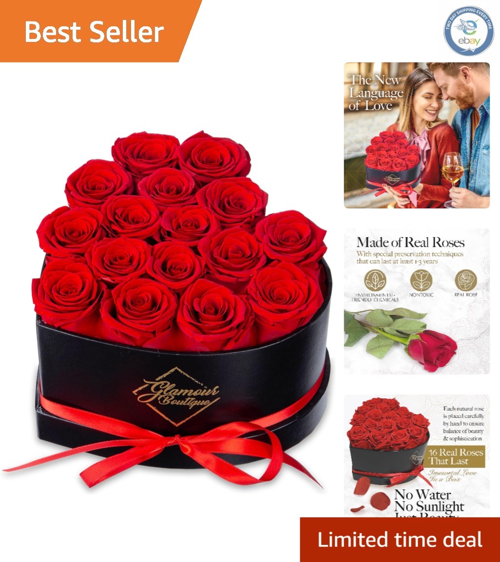 Romantic Preserved Rose Keepsake – Heart Box Gift with 16 Red Roses