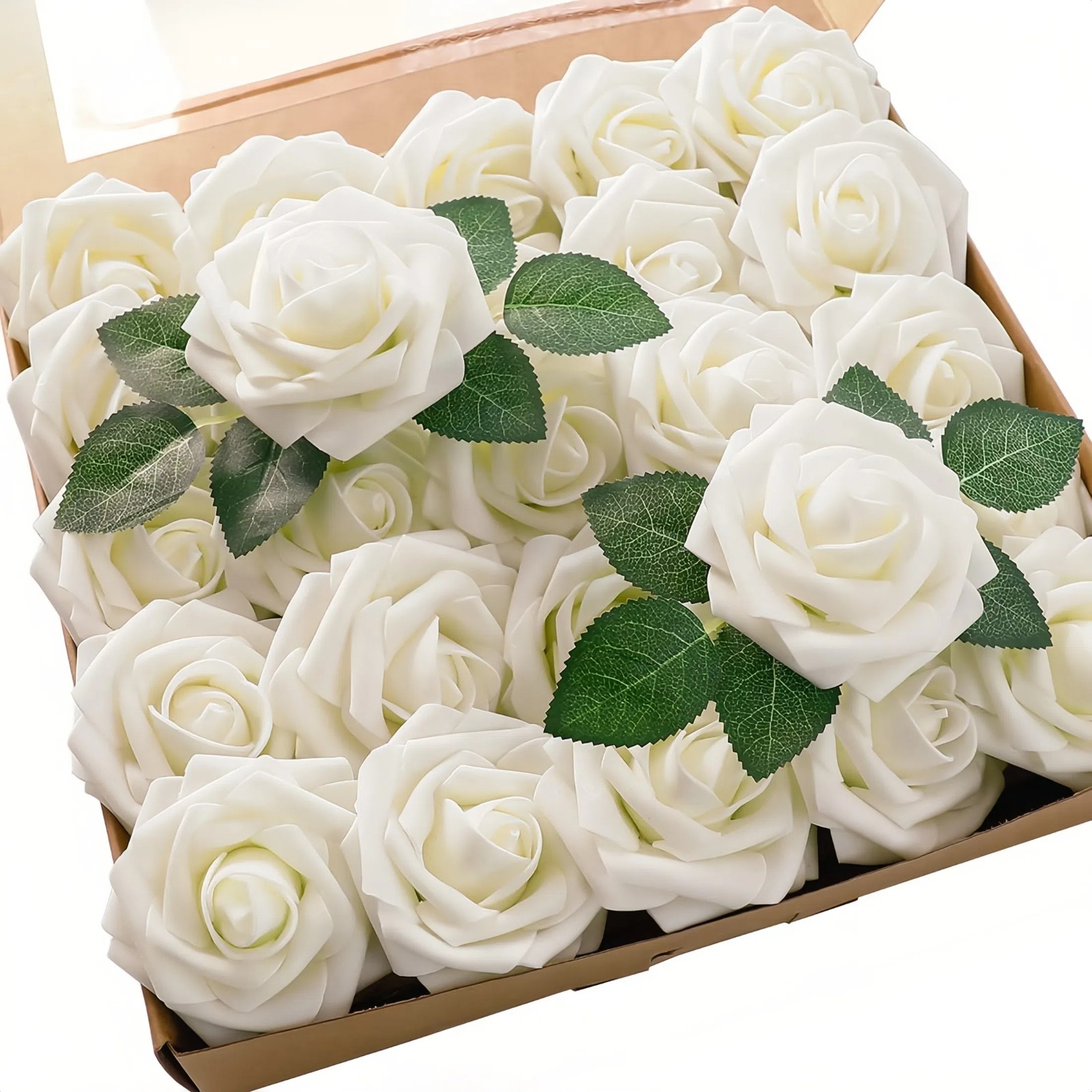 Artificial Flowers 25pcs Real Looking Ivory Foam Fake Roses with Stems for DIY