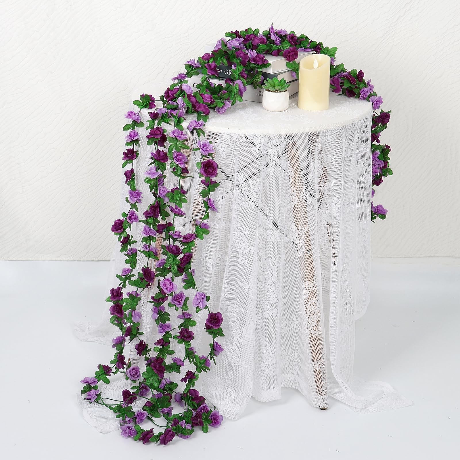 9 Pack 72FT Purple Rose Garland – Silk Flower Vines for Wedding, Home Decor, Bac