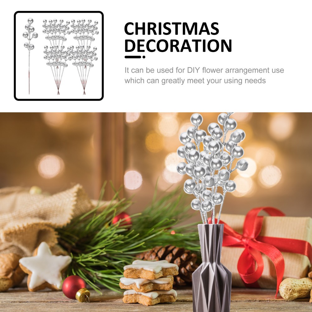 30Pcs Silver Artificial Berry Stems Reusable Christmas Decoration DIY Picks