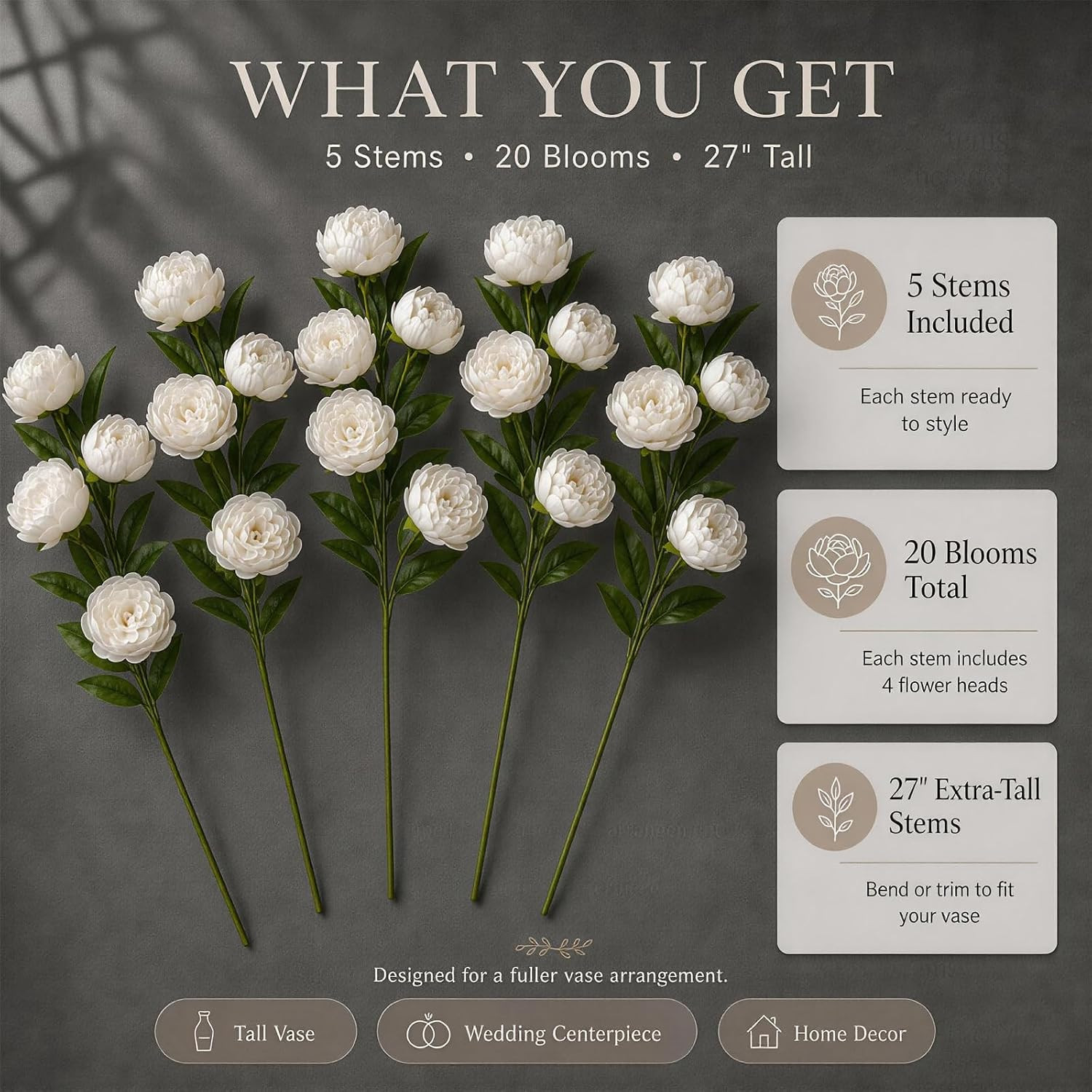 27″ Artificial Peonies Bouquet, 5Pcs UV Resistant Silk Flowers for Home Decor