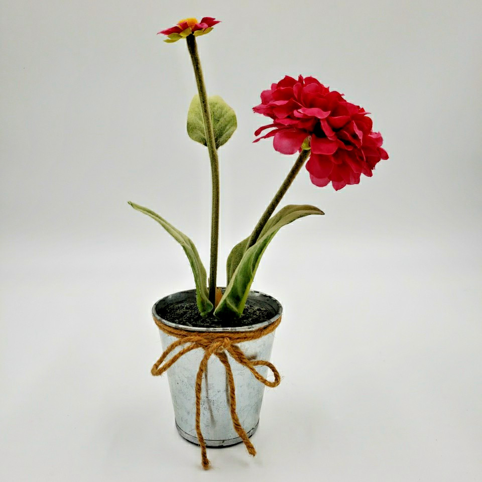 Artificial Flower Arrangement Rustic Metal Pot Farmhouse Cottage Floral Decor
