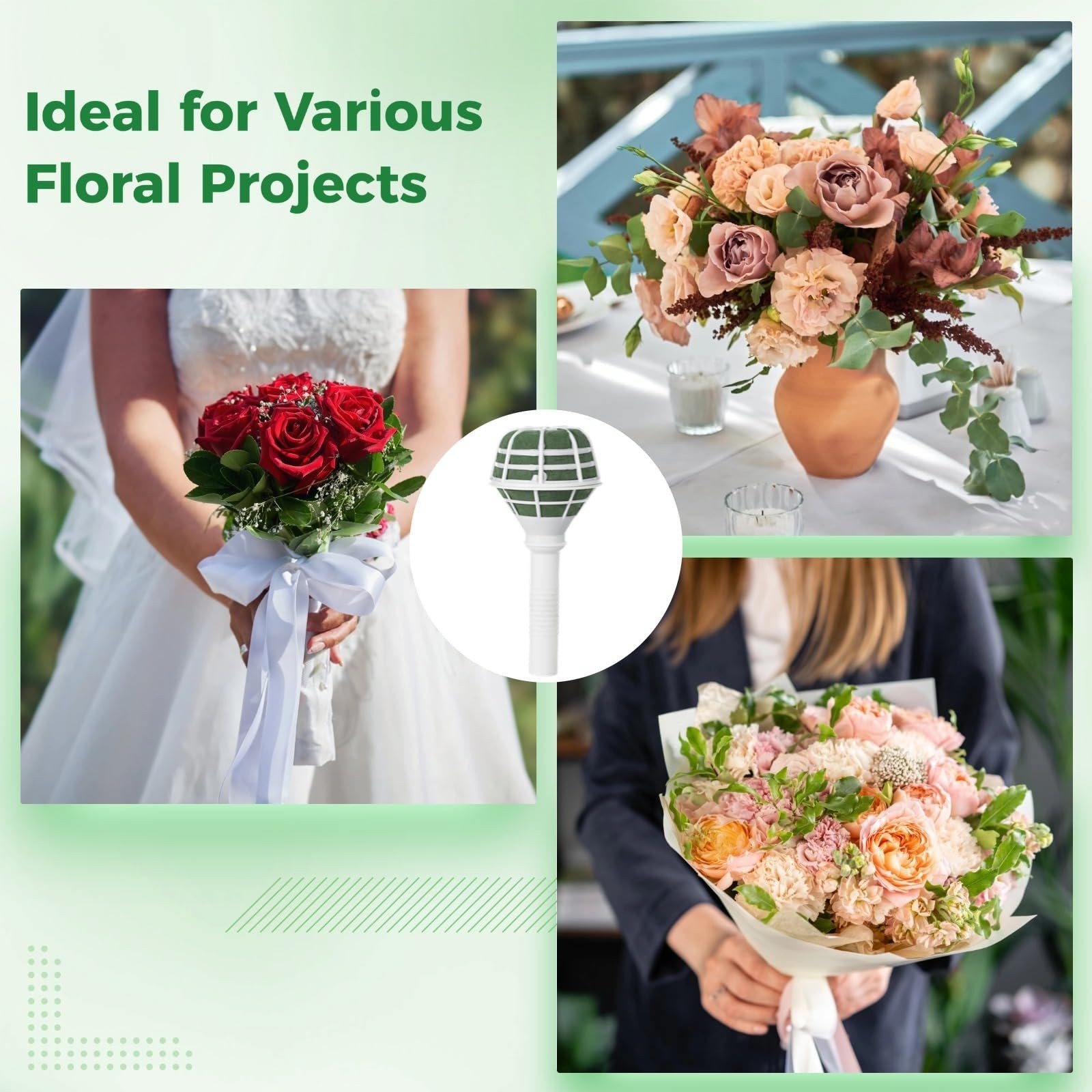 12 PCS Flower Bouquet Holders, Round Foam Top Bridal Handle, Wedding Prop Set