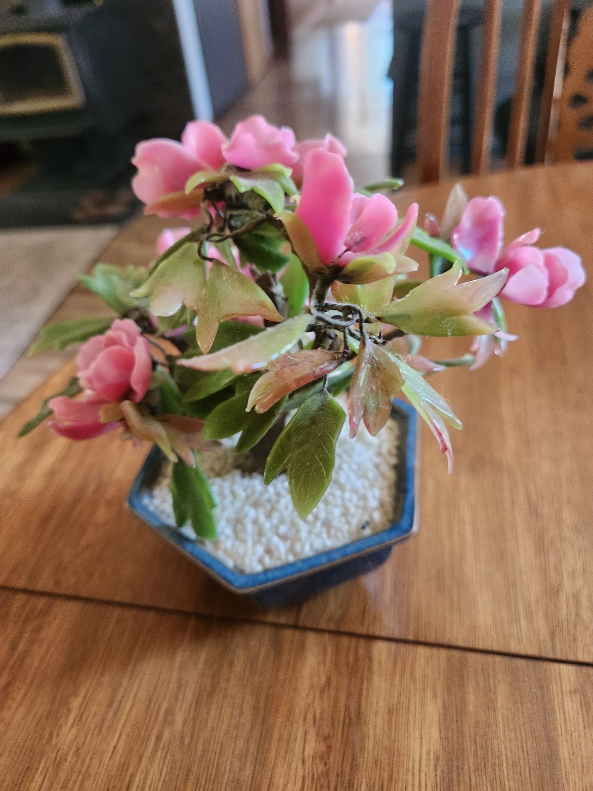 Vintage Jade Glass Japanese Pink & Green 8′ Bonsai Arrangement in Ceramic Pot