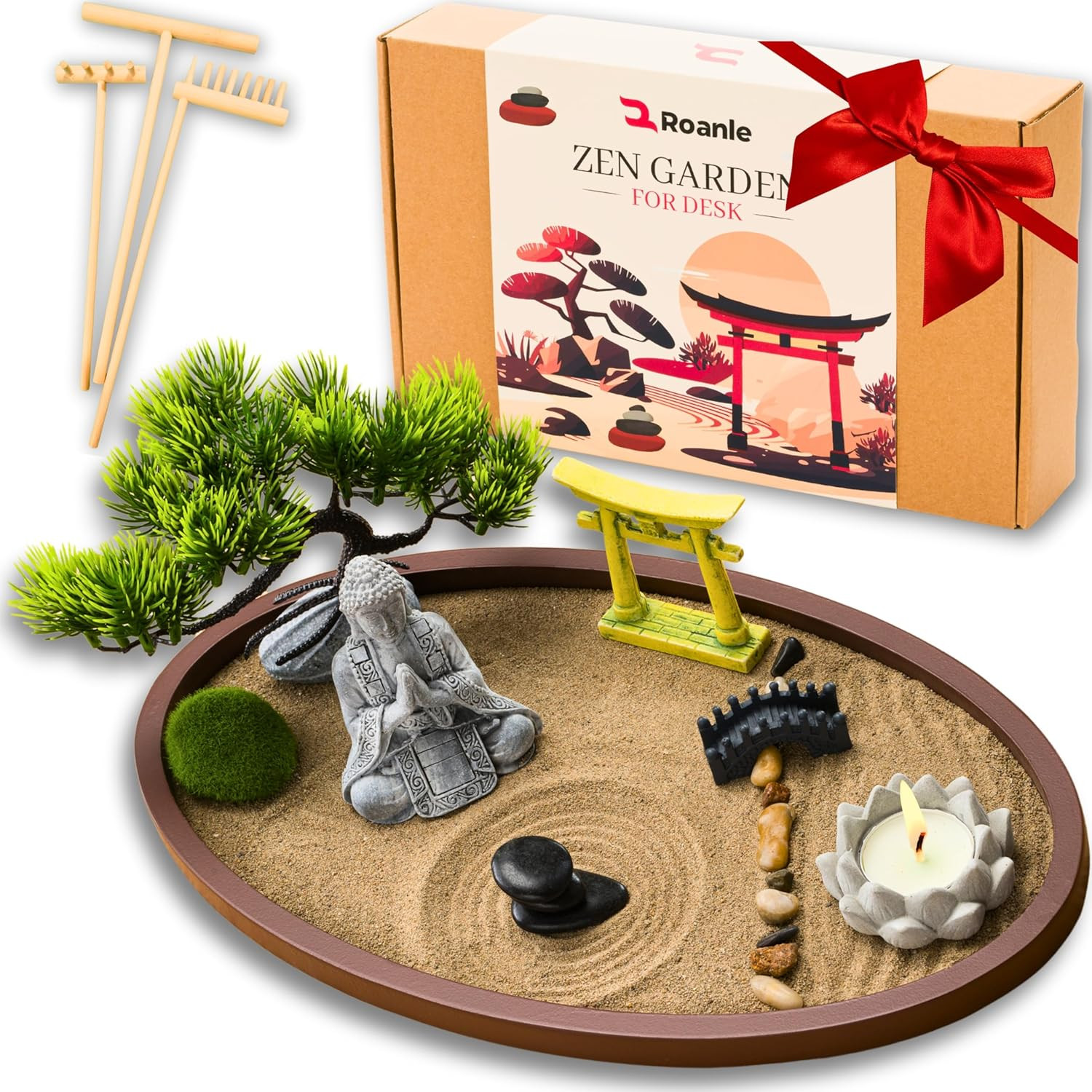 Zen Garden for Desk 13X8In – Japanese Decor with Buddha, Artificial Bonsai