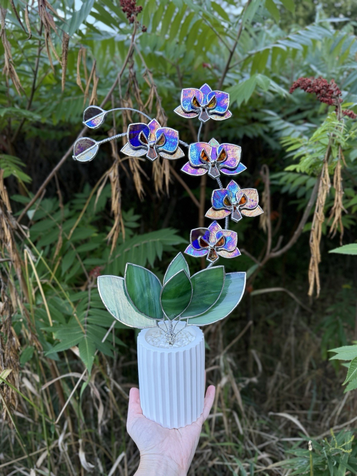 Stained Glass 3D Orchid indigo Iridescent, 5 Flowers In A Pot, Table Decor