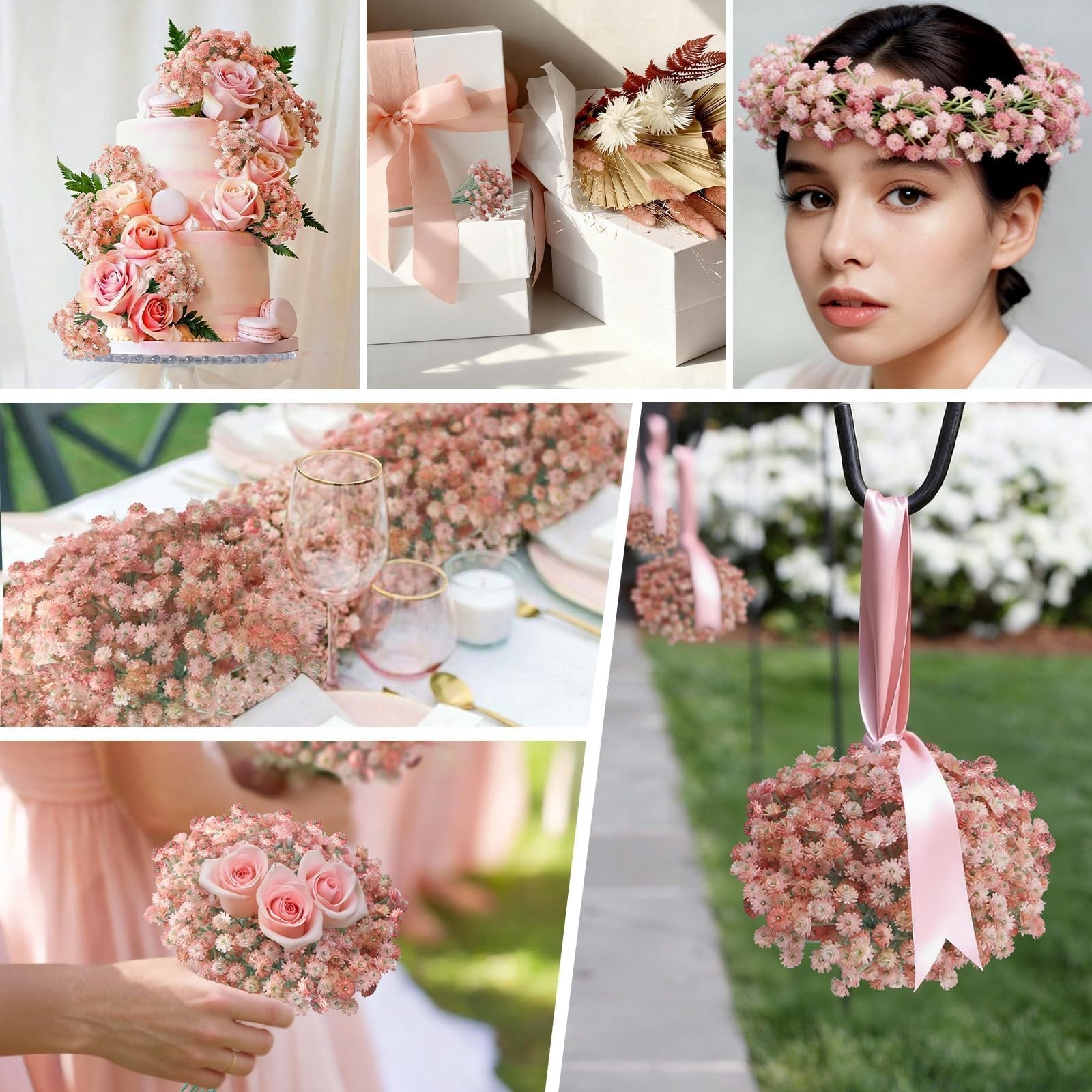4 PCS Pink Flowers Fake Baby Breath Real Touch Valentines Day Artificial DIY