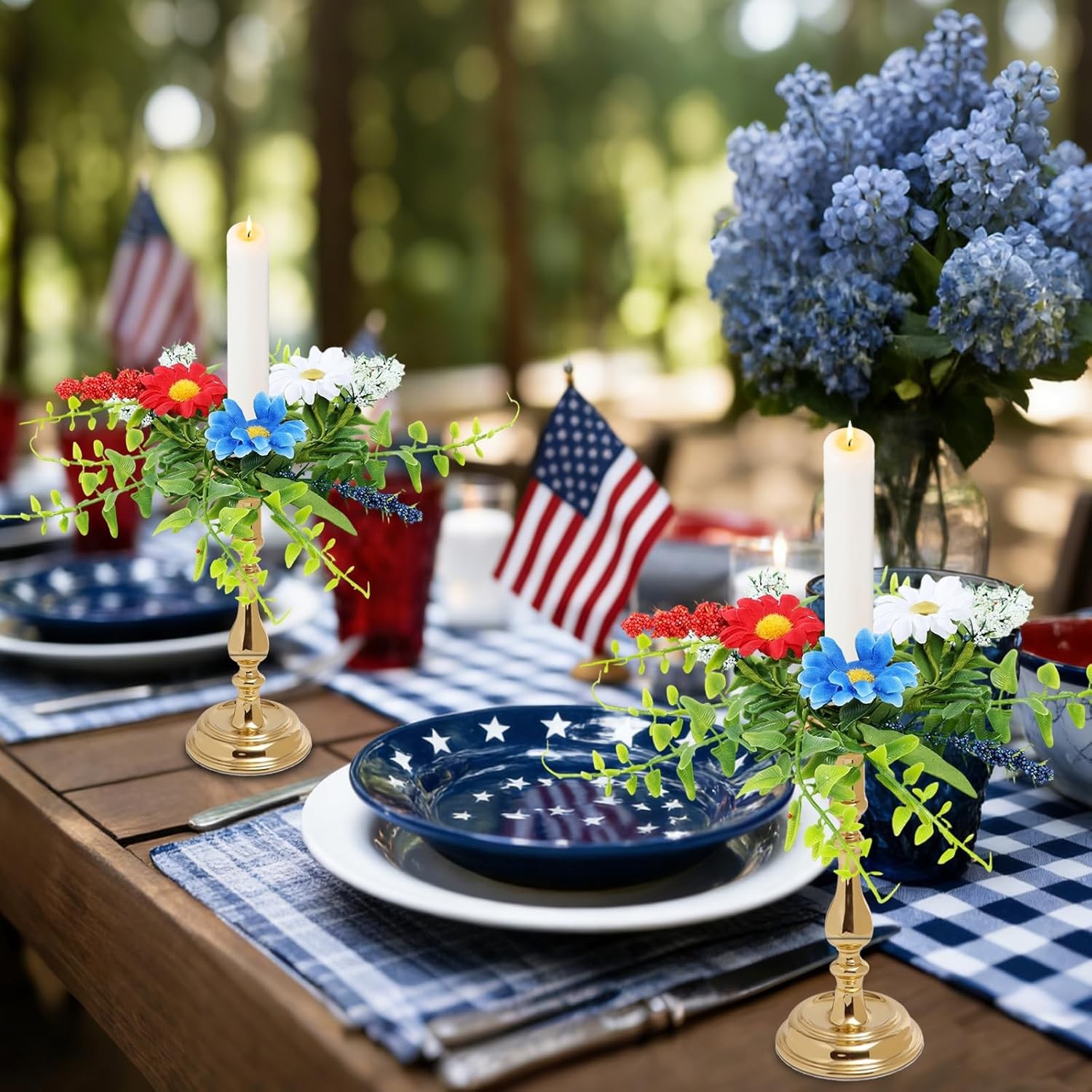 6 PCS Patriotic American Taper Candle Rings Wreaths 4th of July Mini Decor