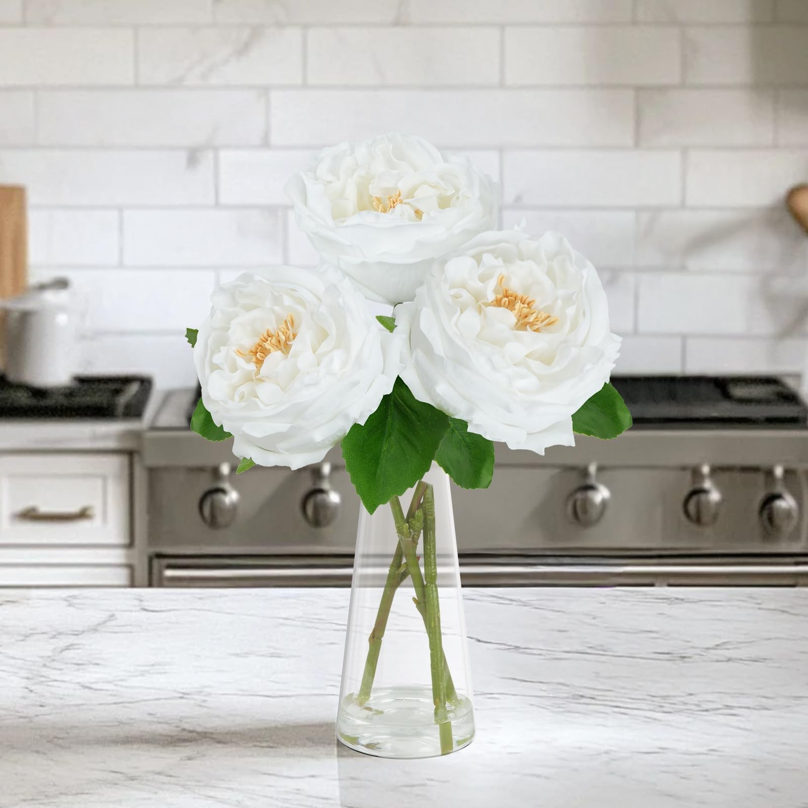 White Peonies Artificial Flowers Vase Faux Water Silk Table Centerpiece Decor