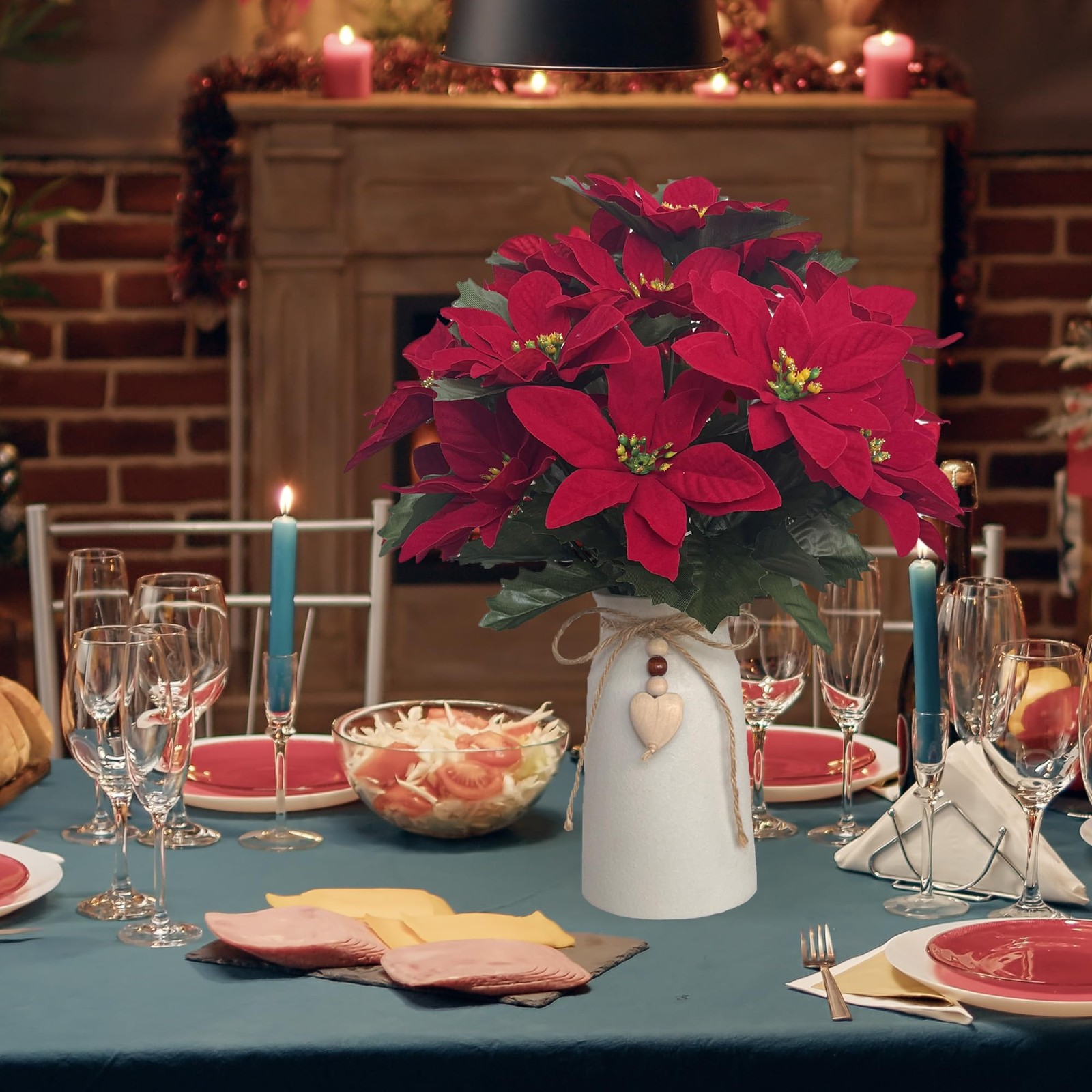 Red Artificial Poinsettia Christmas Flower Arrangement Centerpiece White Vase