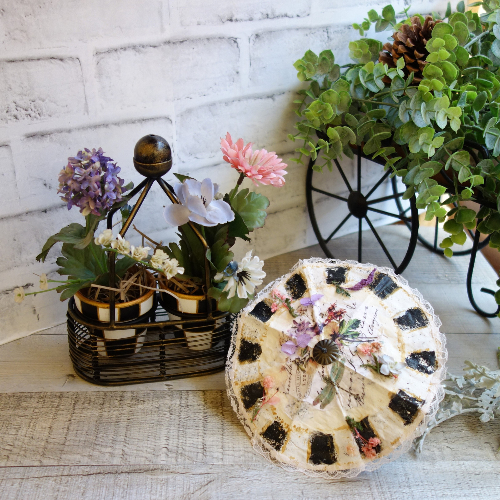 Black White Checked Flower Pot Floral Arrangement French Country Decor