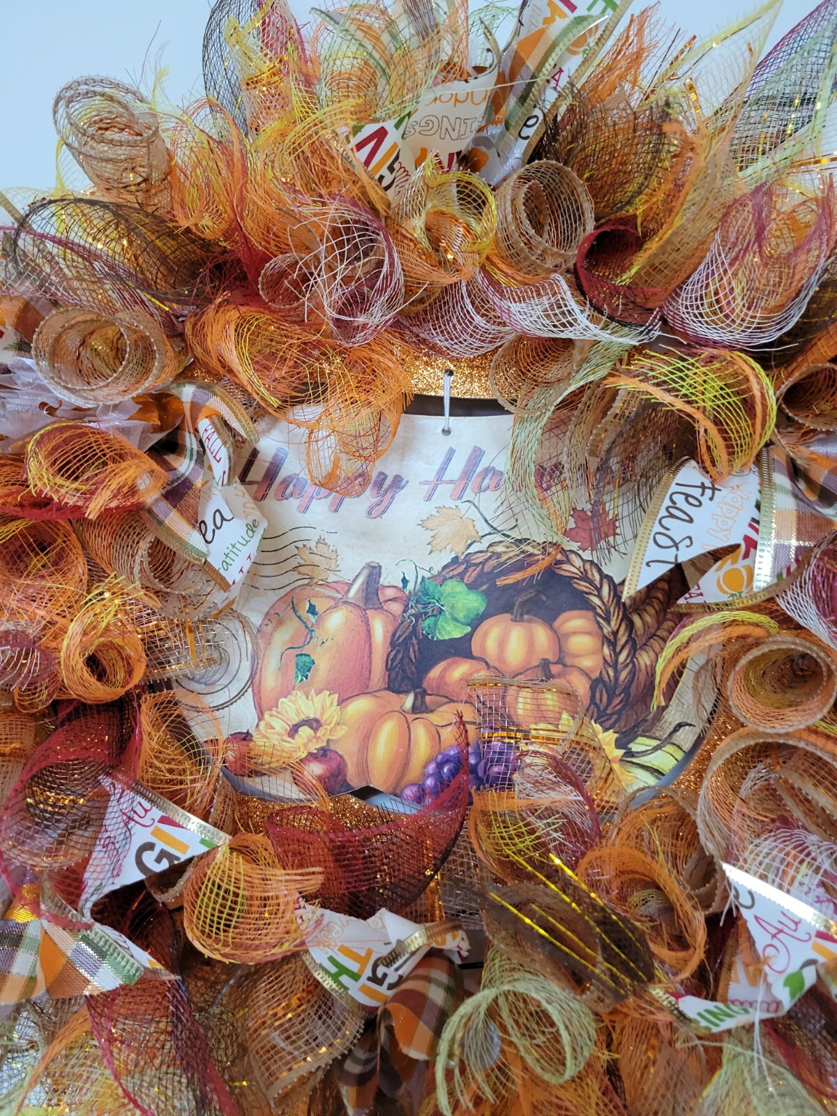 HAPPY HARVEST autumn Spring Mesh Front Door Wreath Wall Decor Bright colors