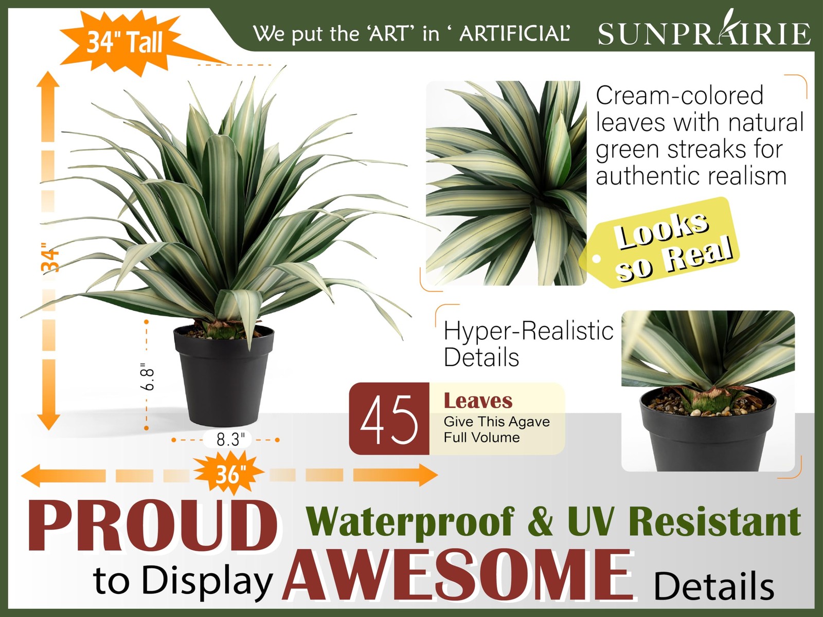 SUNPRAIRIE Life-Like Extra Large 34 Inch Tall Artificial Agave Plant. Cream L…