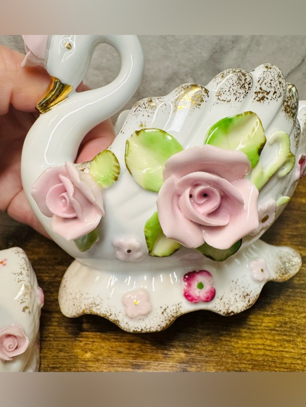 Vintage Napco Porcelain Swan Planter Vase w/ Japan Salt & Pepper Shakers
