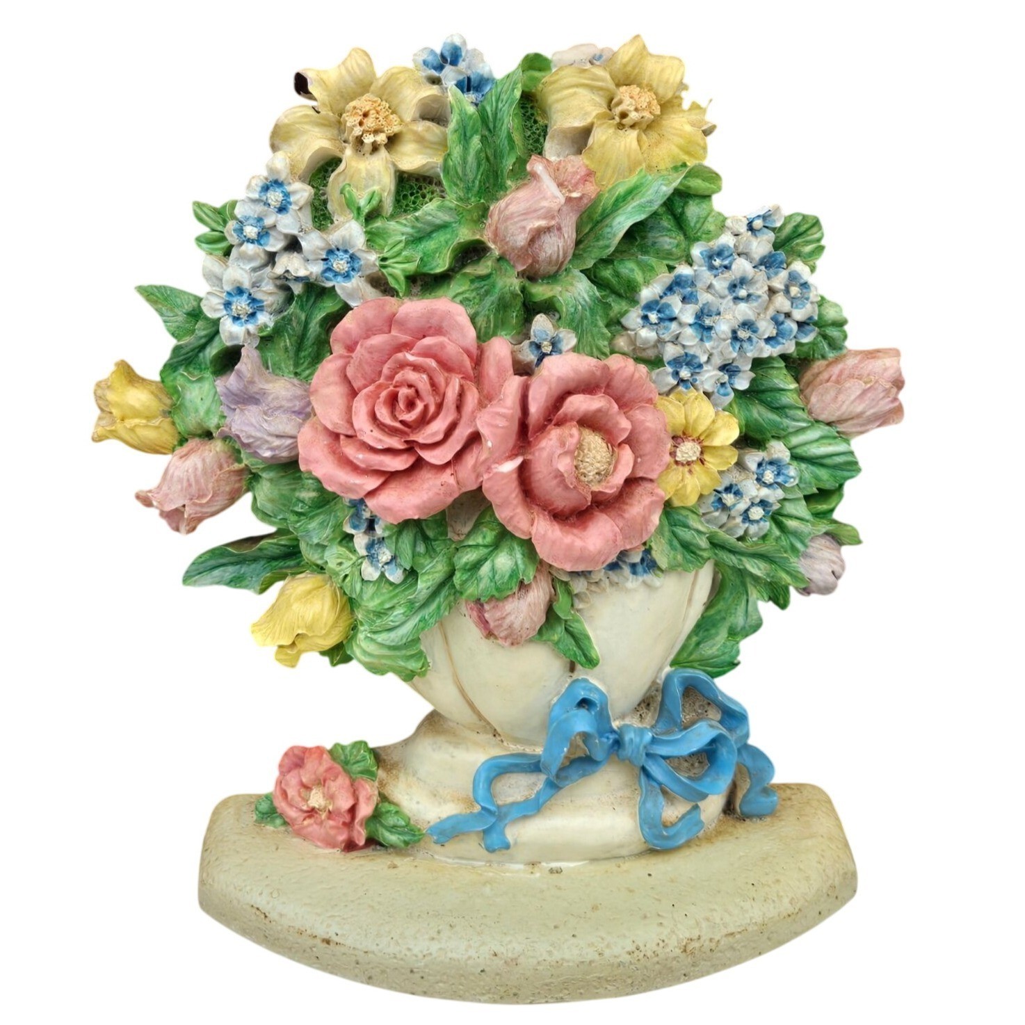 Vintage Flower Arrangement Doorstop Shabby Cottagecore Floral White Blue Ribbon
