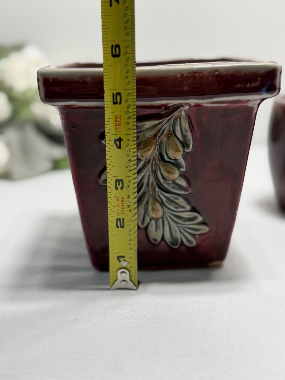 Set Of 2 Flower Pots Redwing Possibly Holly And Pine Motif Burgundy Oval, Square
